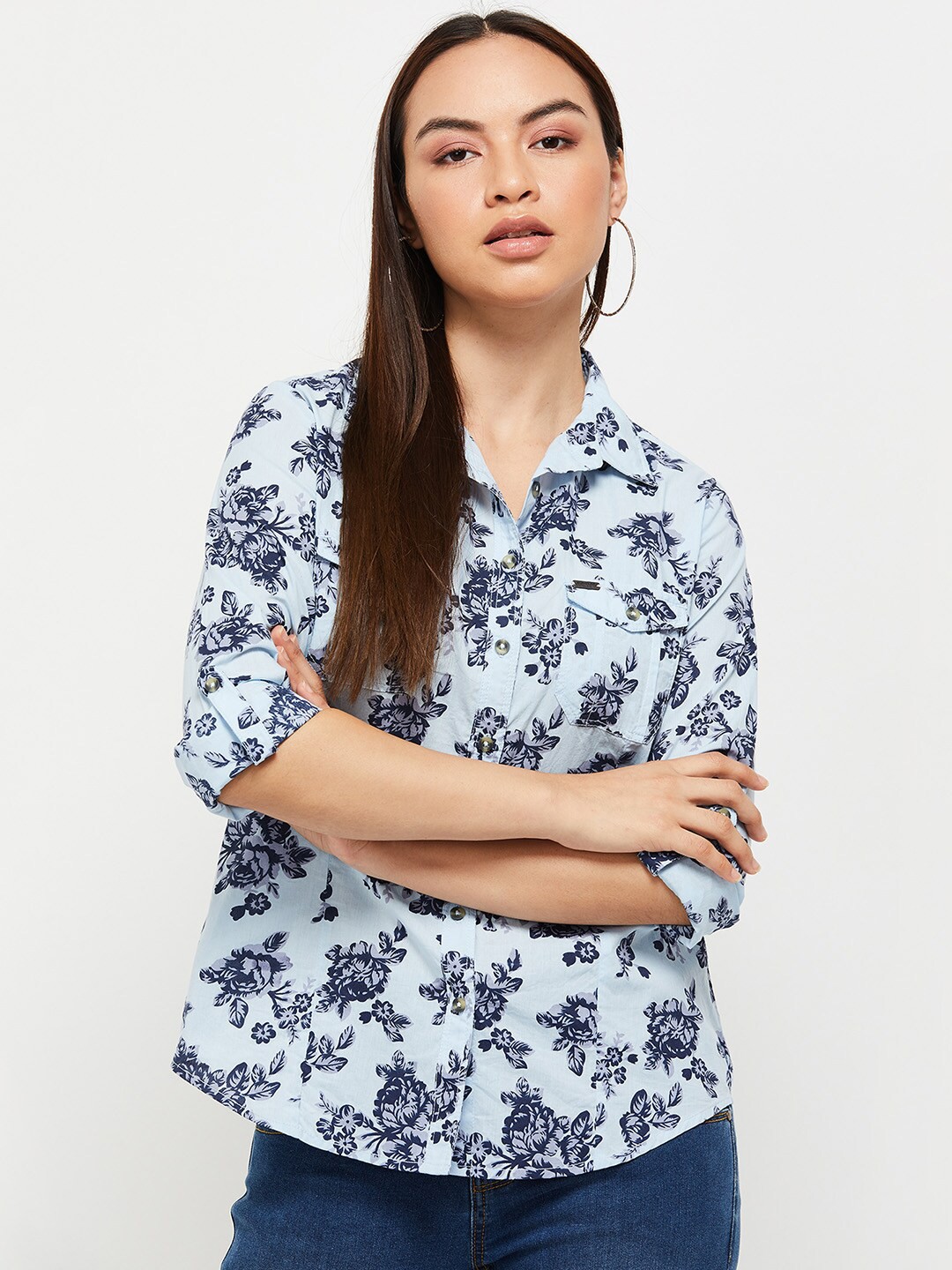 

max Women Blue Floral Printed Cotton Casual Shirt