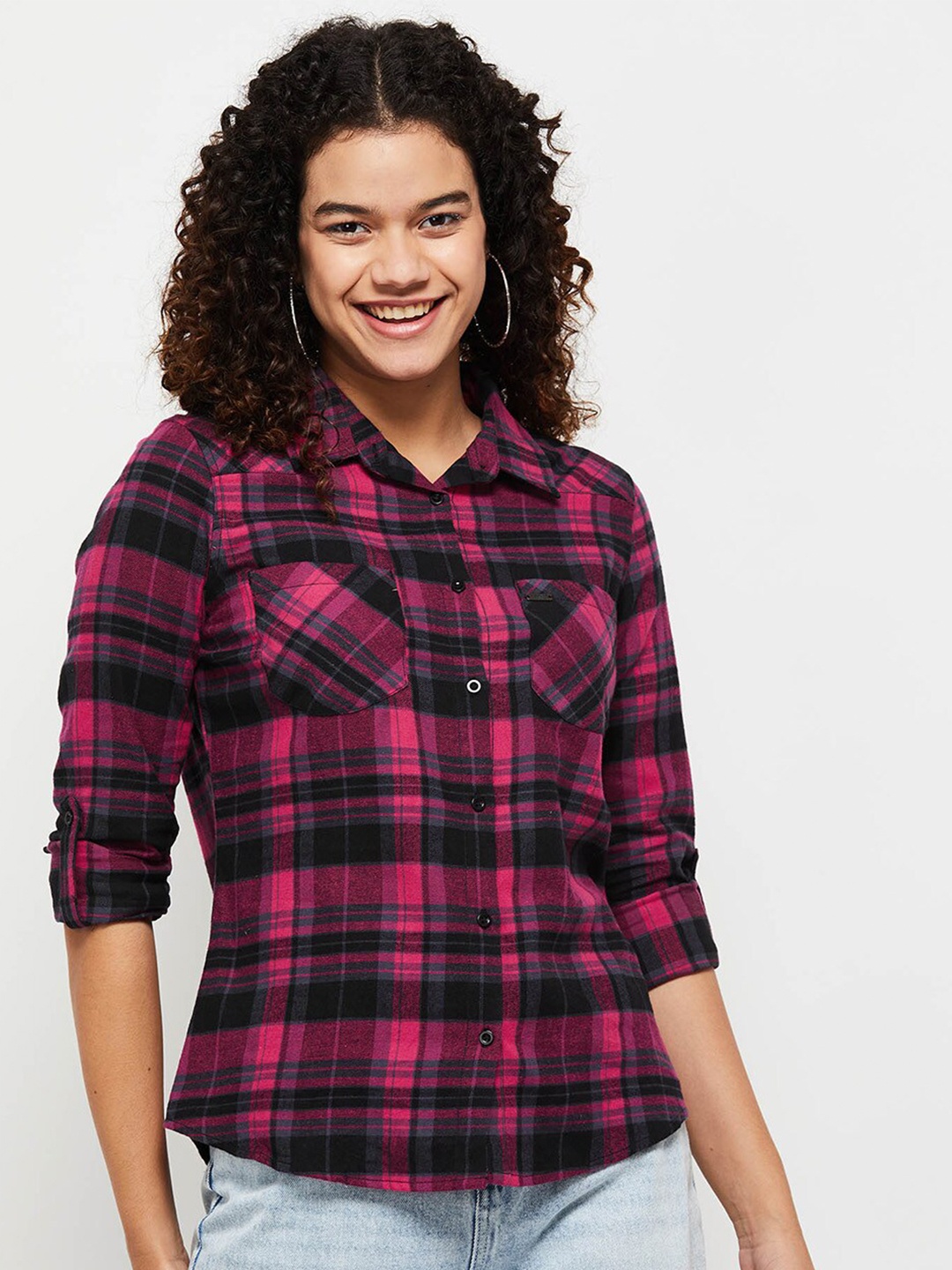 

max Women Black & Pink Tartan Checked Pure Cotton Casual Shirt