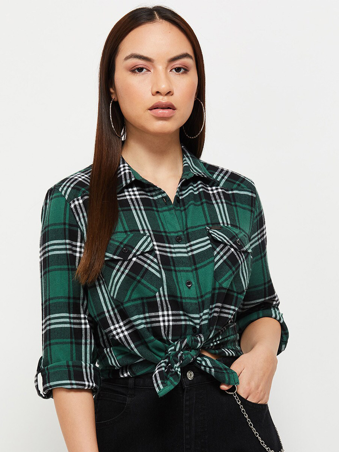 

max Women Green & White Tartan Checked Pure Cotton Casual Shirt