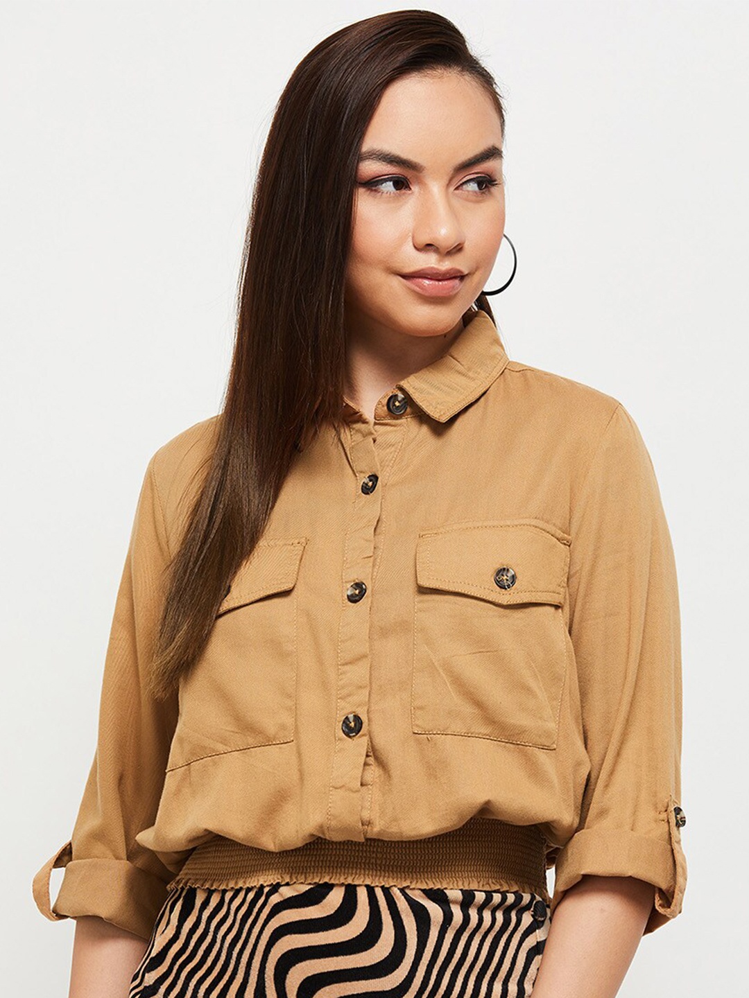 

max Women Beige Flap pockets Casual Shirt