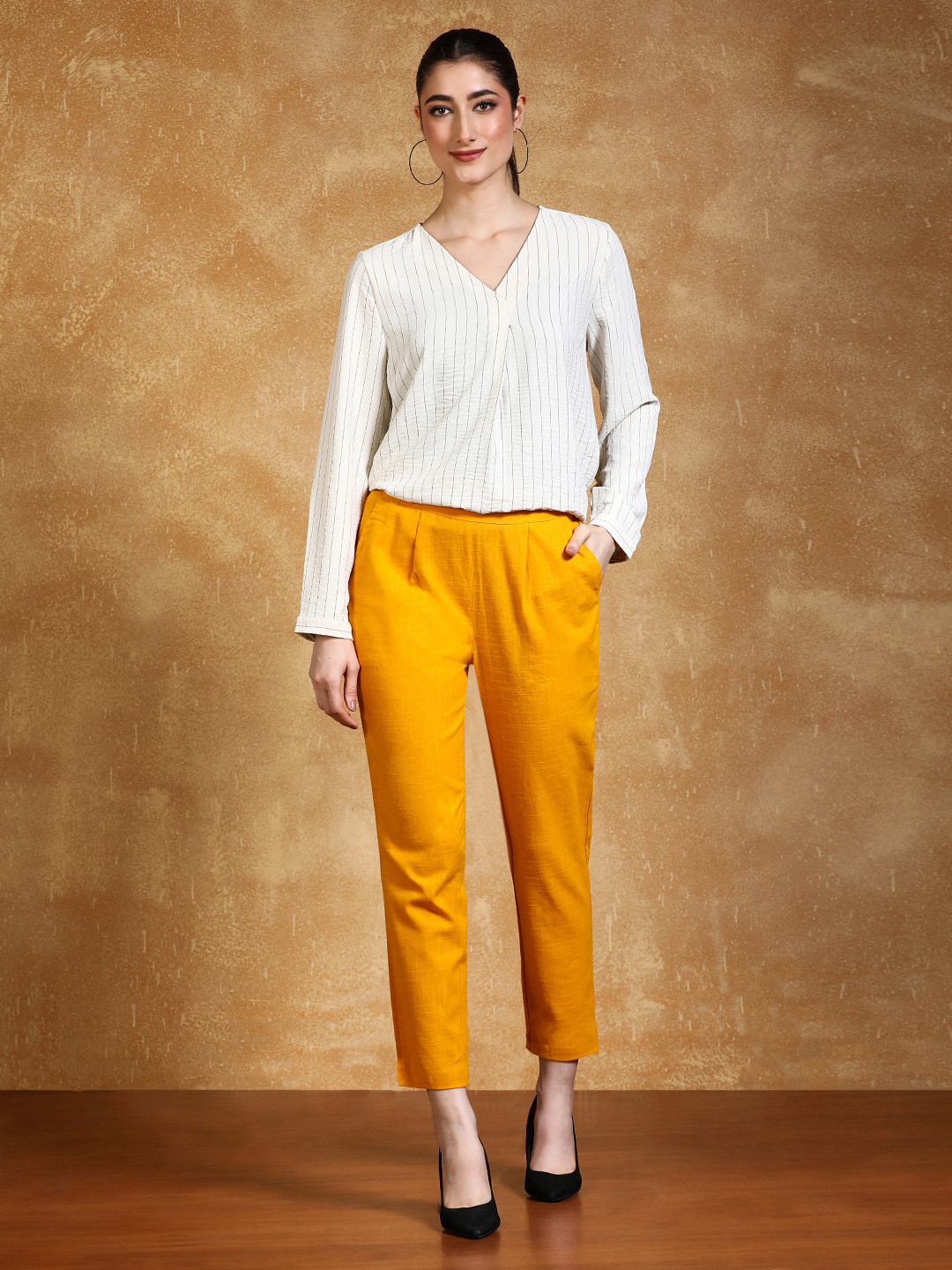 Jaipur Kurti Women Yellow Solid Regular Trousers