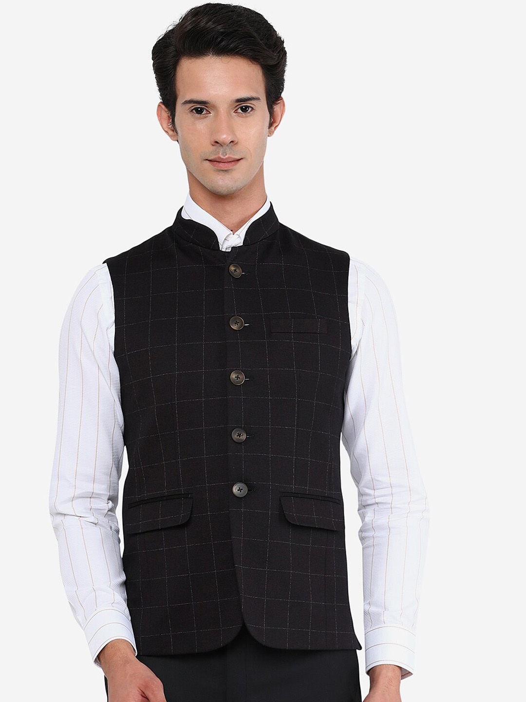 

JB STUDIO Men Brown Checked Nehru Jacket