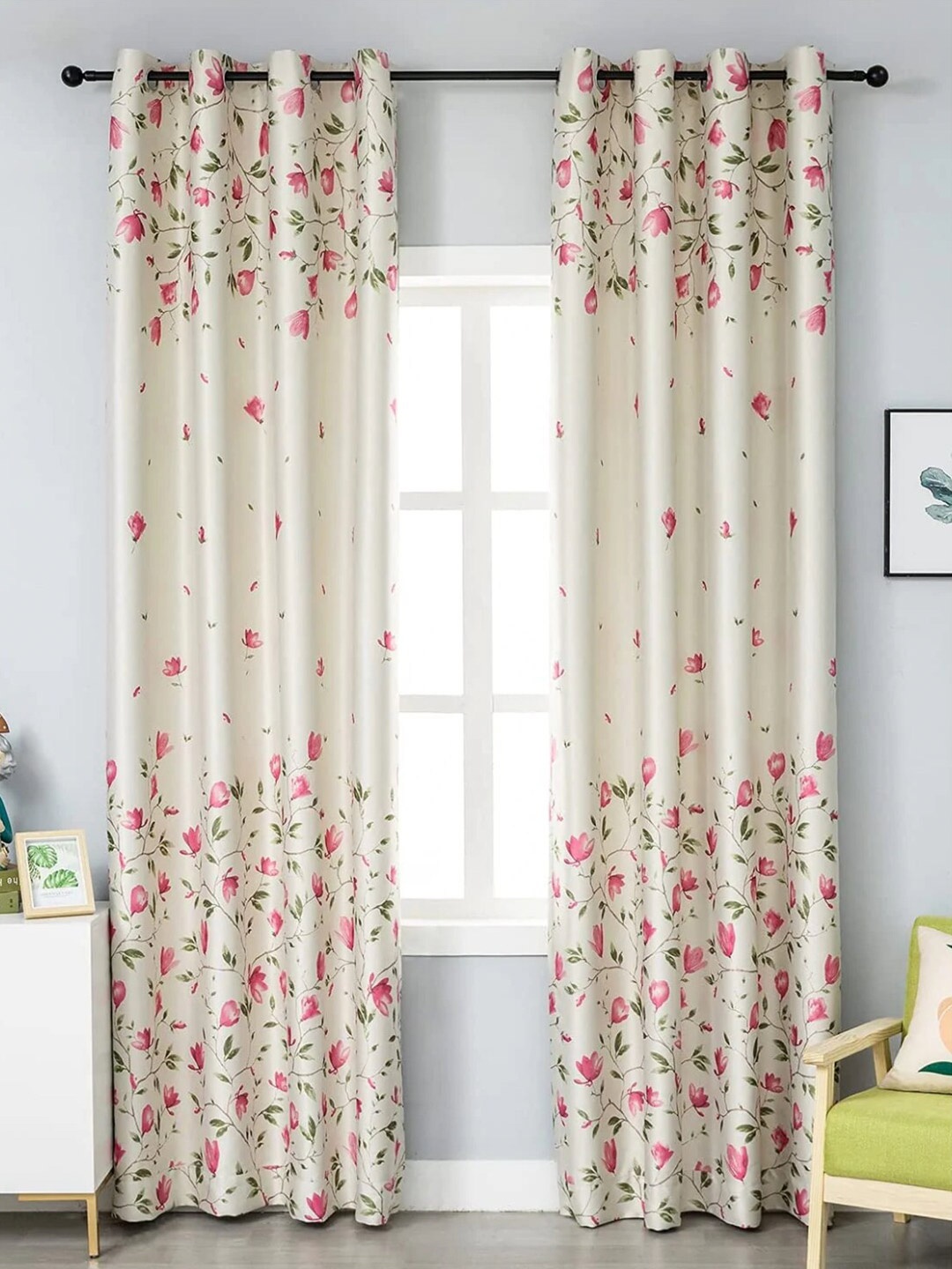 

URBAN SPACE Pink & Cream-Coloured Floral Black Out Door Curtain, Off white