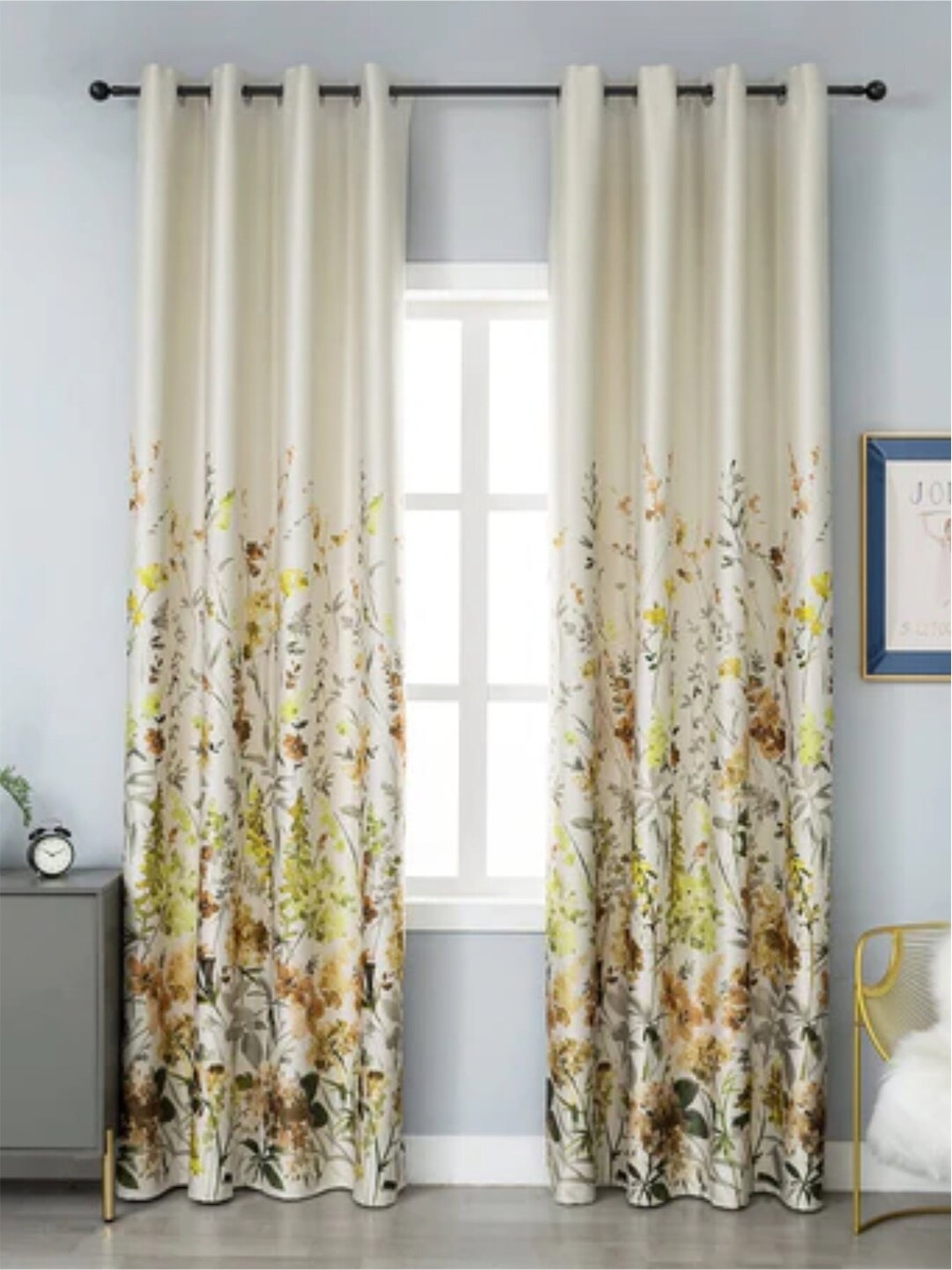 

URBAN SPACE White & Mustard Set of 2 Floral Black Out Door Curtain