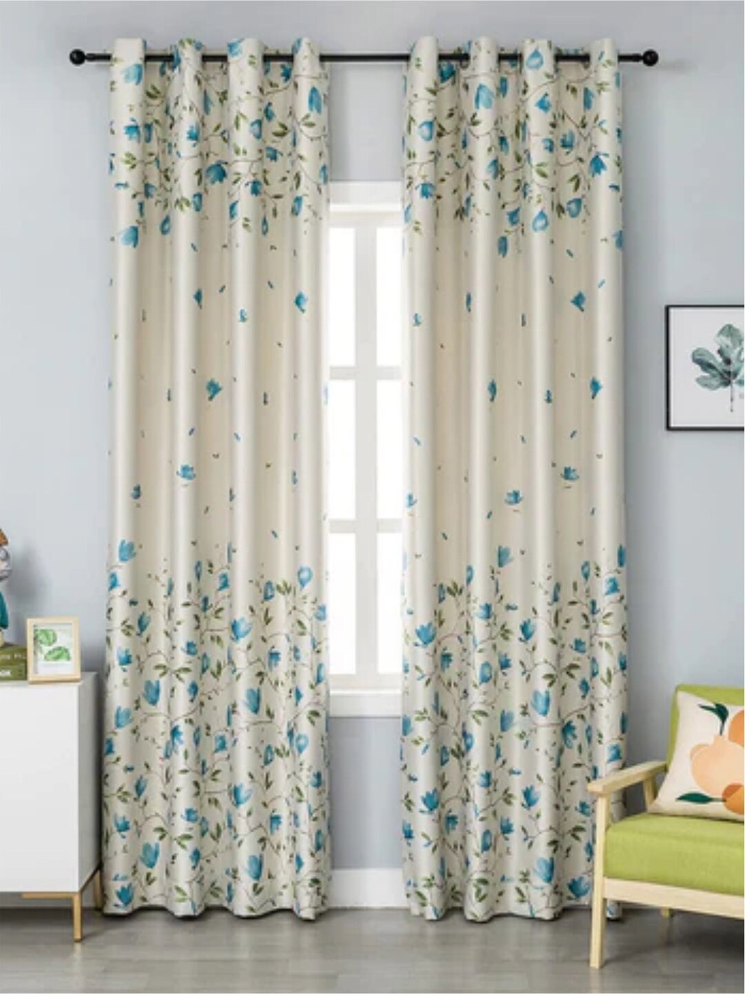 

URBAN SPACE Cream-Coloured & Blue Set of 2 Floral Black Out Long Door Curtain