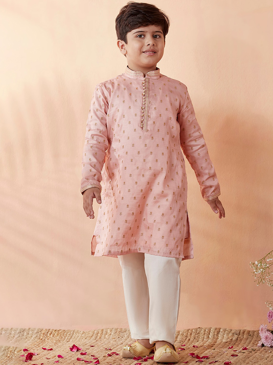 

Manyavar Boys Peach-Coloured Woven Design Chanderi Silk Kurta with Pyjamas