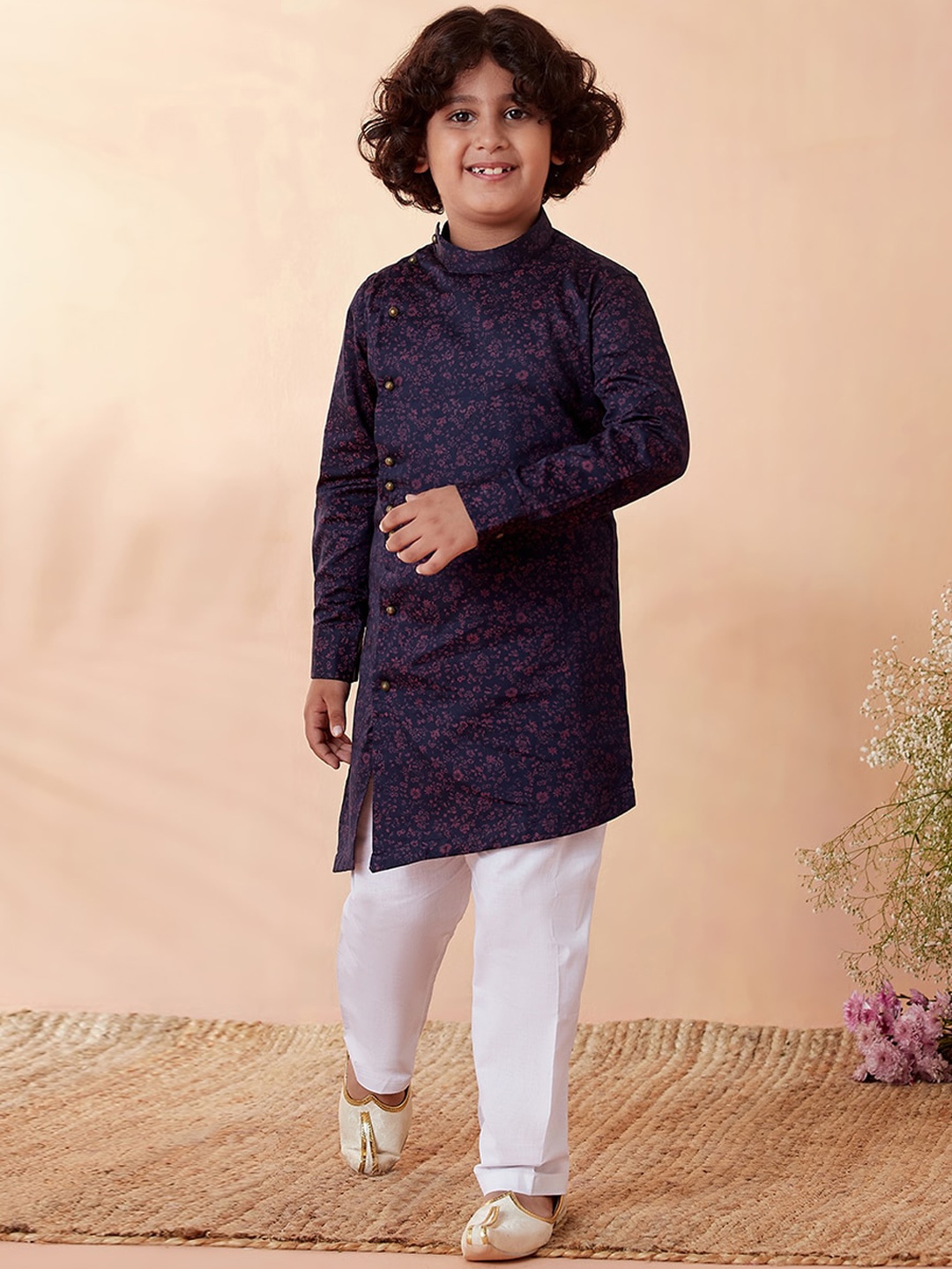 

Manyavar Boys Navy Blue Floral Printed Angrakha Kurta with Pyjamas
