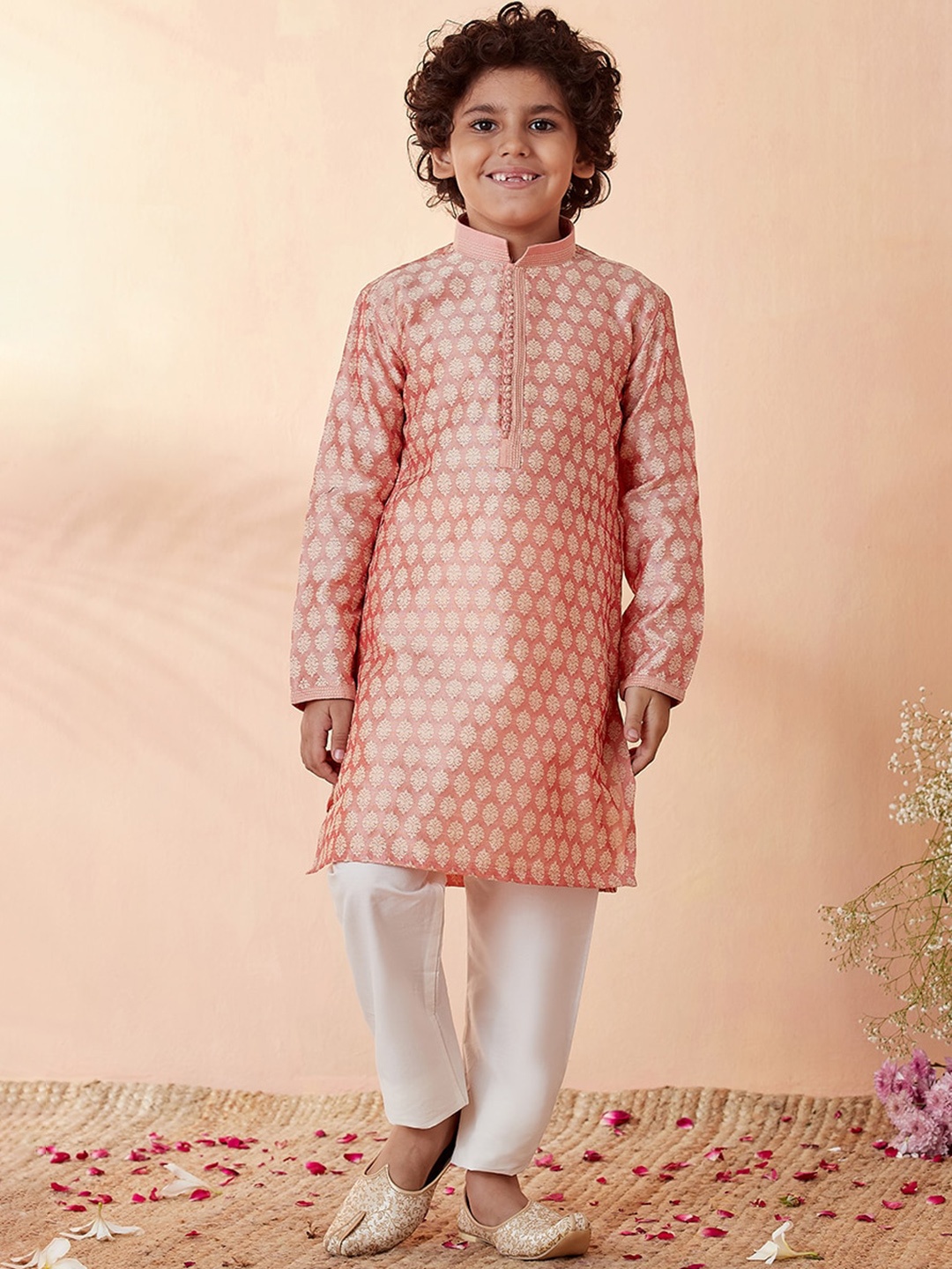 

Manyavar Boys Peach-Coloured Ethnic Motifs Printed Thread Work Kurta with Pyjamas