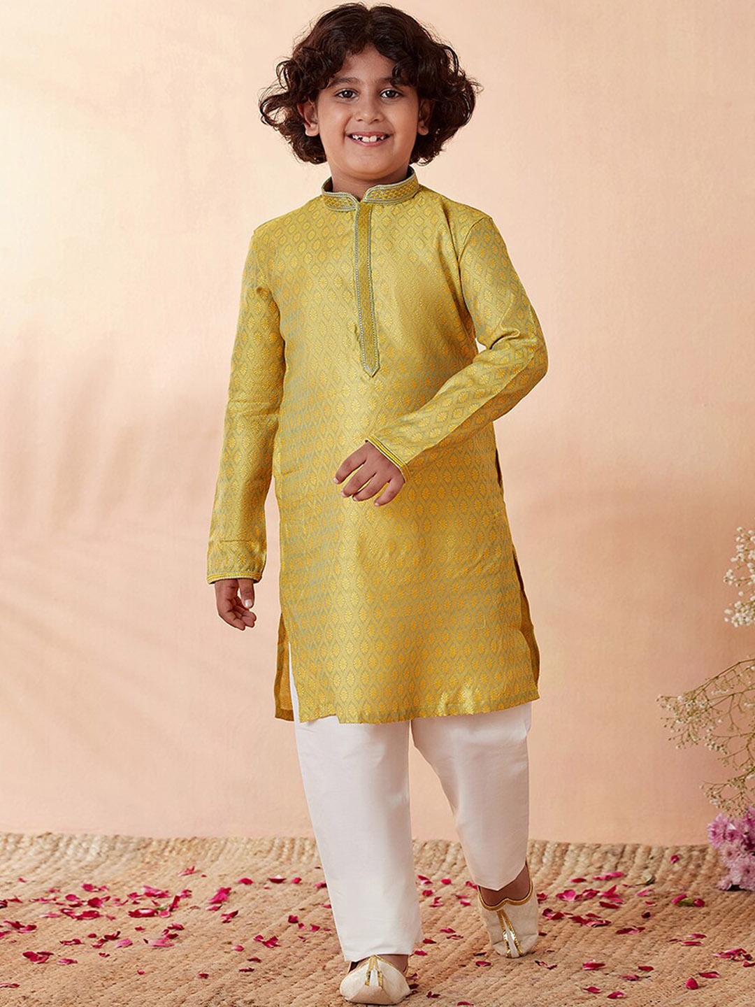 

Manyavar Boys Woven Design Thread Work Kurta With Pyjamas, Yellow