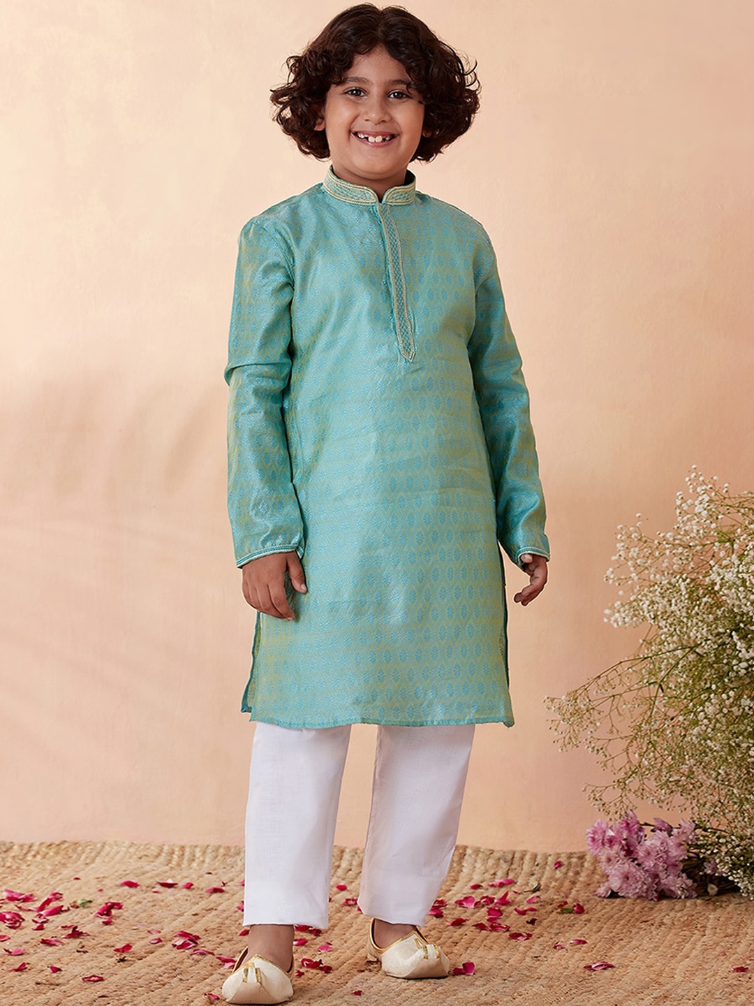

Manyavar Boys Turquoise Blue Ethnic Motifs Woven Design Kurta with Pyjamas