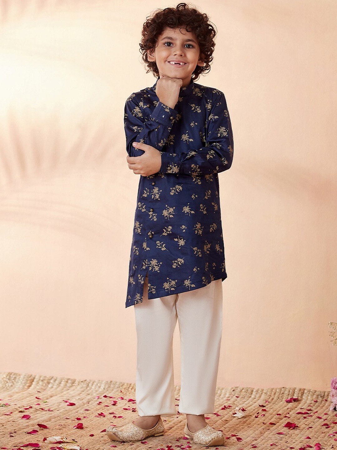 

Manyavar Boys Navy Blue Floral Printed Angrakha Kurta with Pyjamas