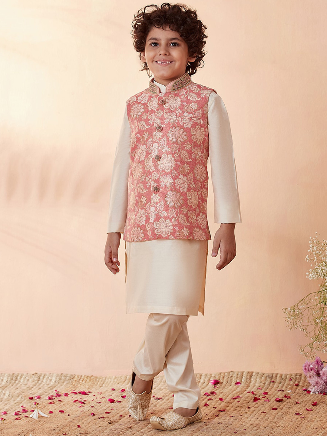 

Manyavar Boys Beige & Pink Kurta & Pyjamas with Nehru Jacket