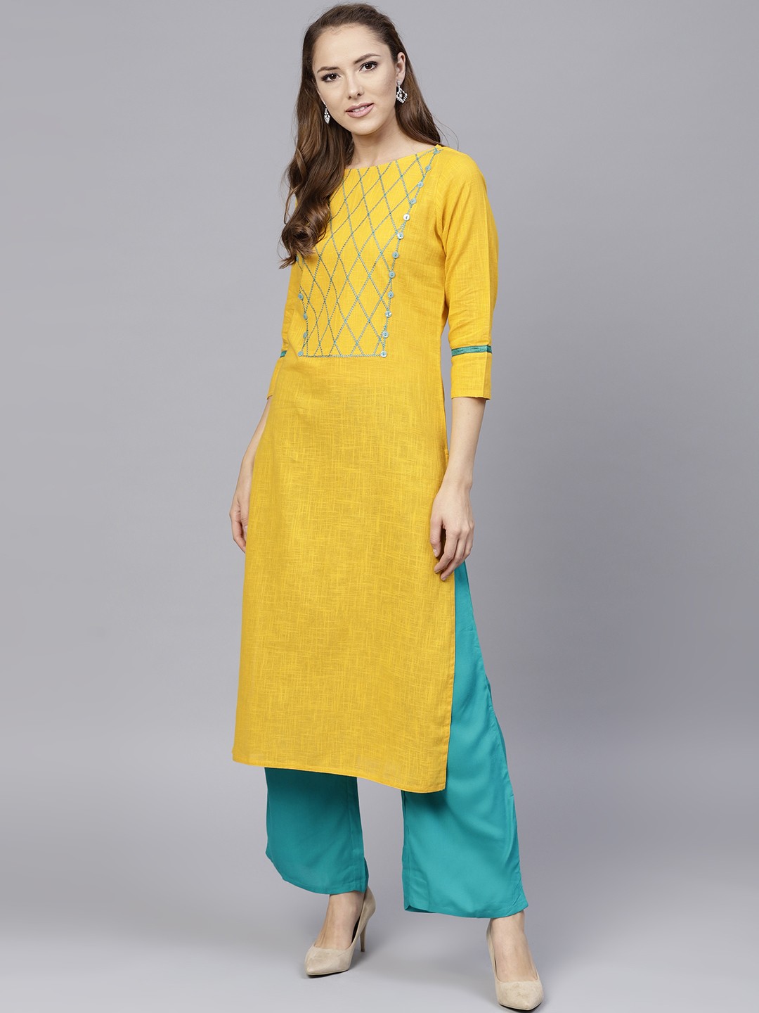 

Jaipur Kurti Women Yellow & Green Yoke Design Kurta with Palazzos