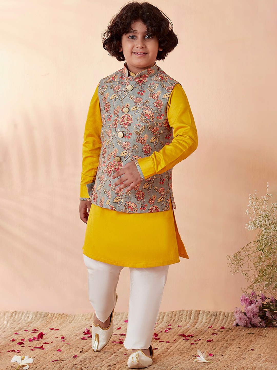 

Manyavar Boys Kurta With Pyjamas & Nehru Jacket, Mustard