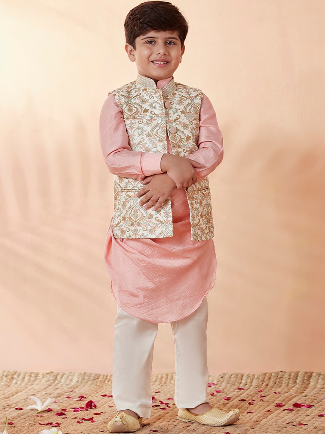 

Manyavar Boys Mauve Kurta and Pyjamas with Cream-Coloured Floral Nehru Jacket
