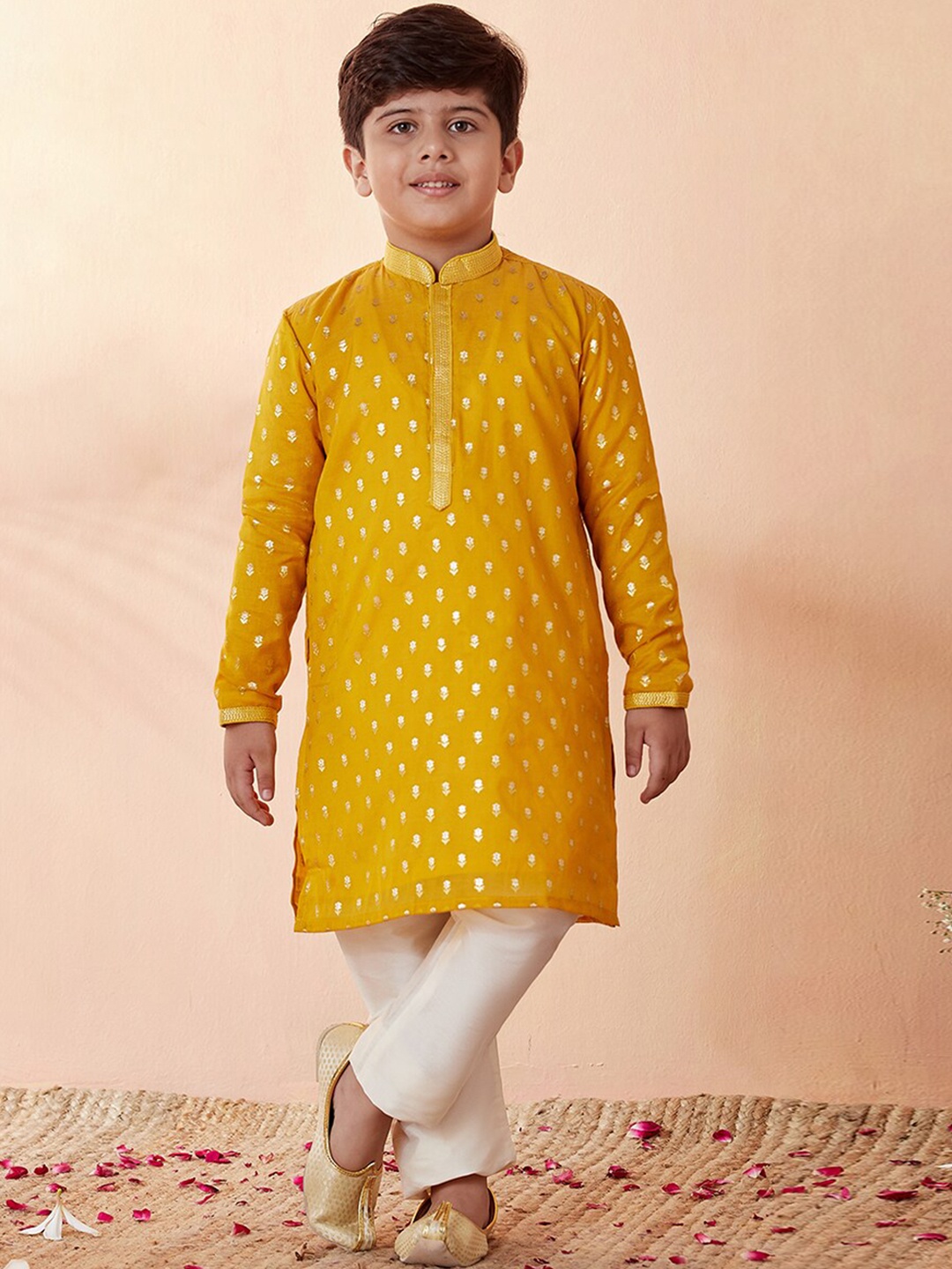 

Manyavar Boys Mustard Yellow Printed Chanderi Silk Kurta with Pyjamas