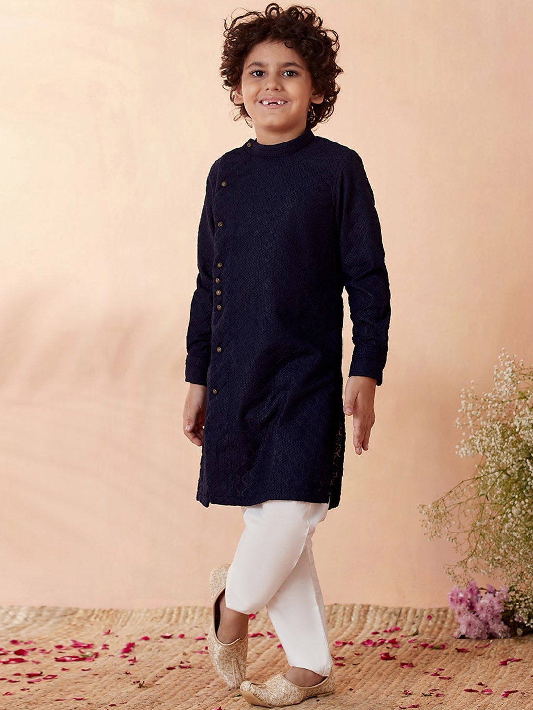 

Manyavar Boys Navy Blue Embroidered Kurta with Pyjamas
