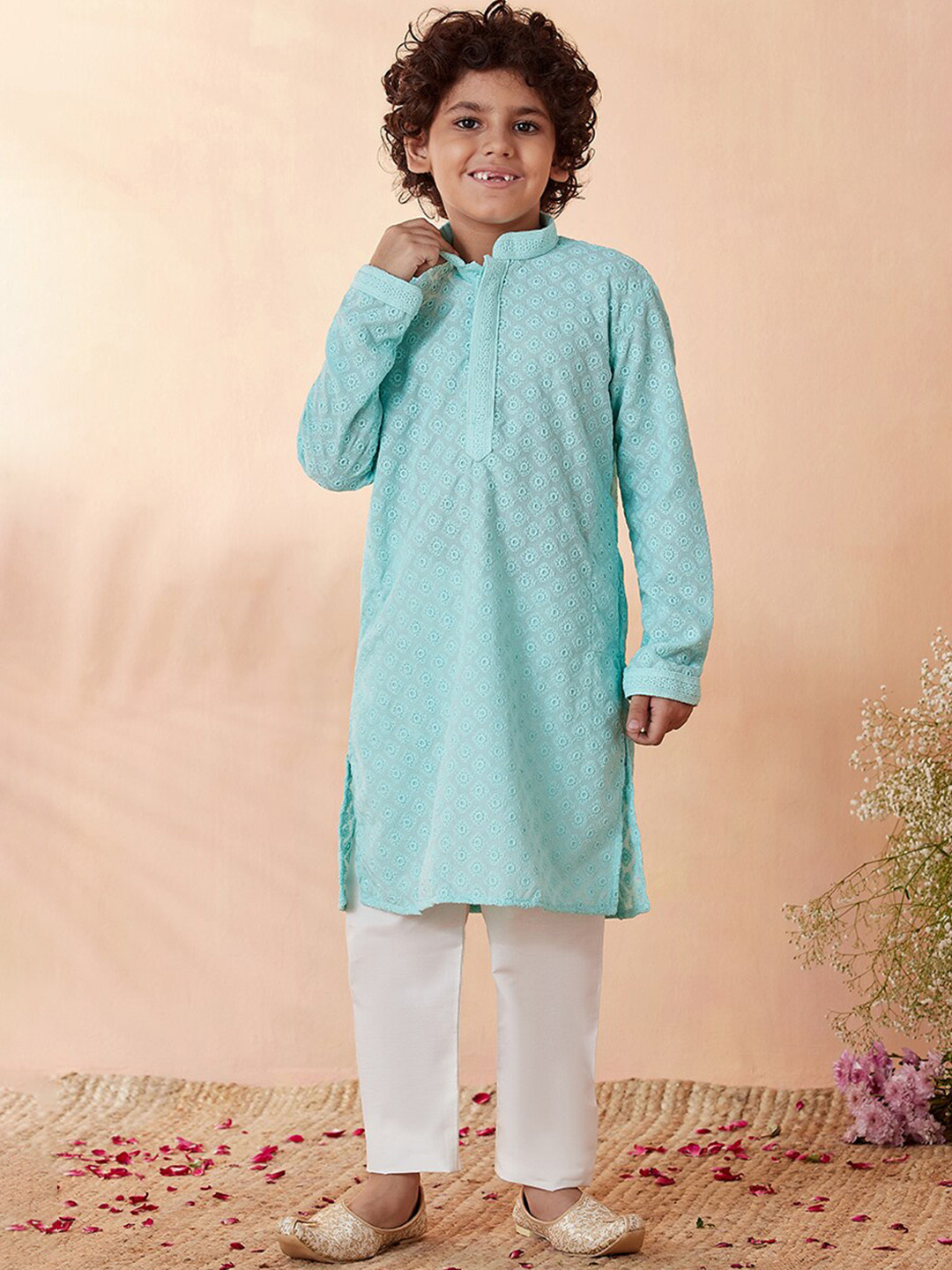 

Manyavar Boys Blue Embroidered Kurta with Pyjamas