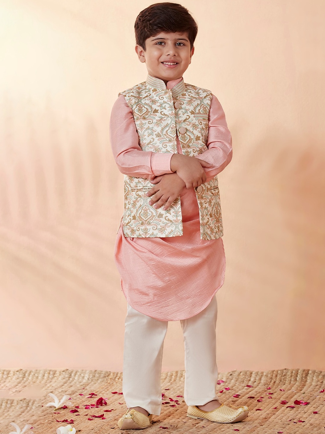 

Manyavar Boys Cream-Coloured Floral Kurta with Pyjamas & Printed Nehru Jacket