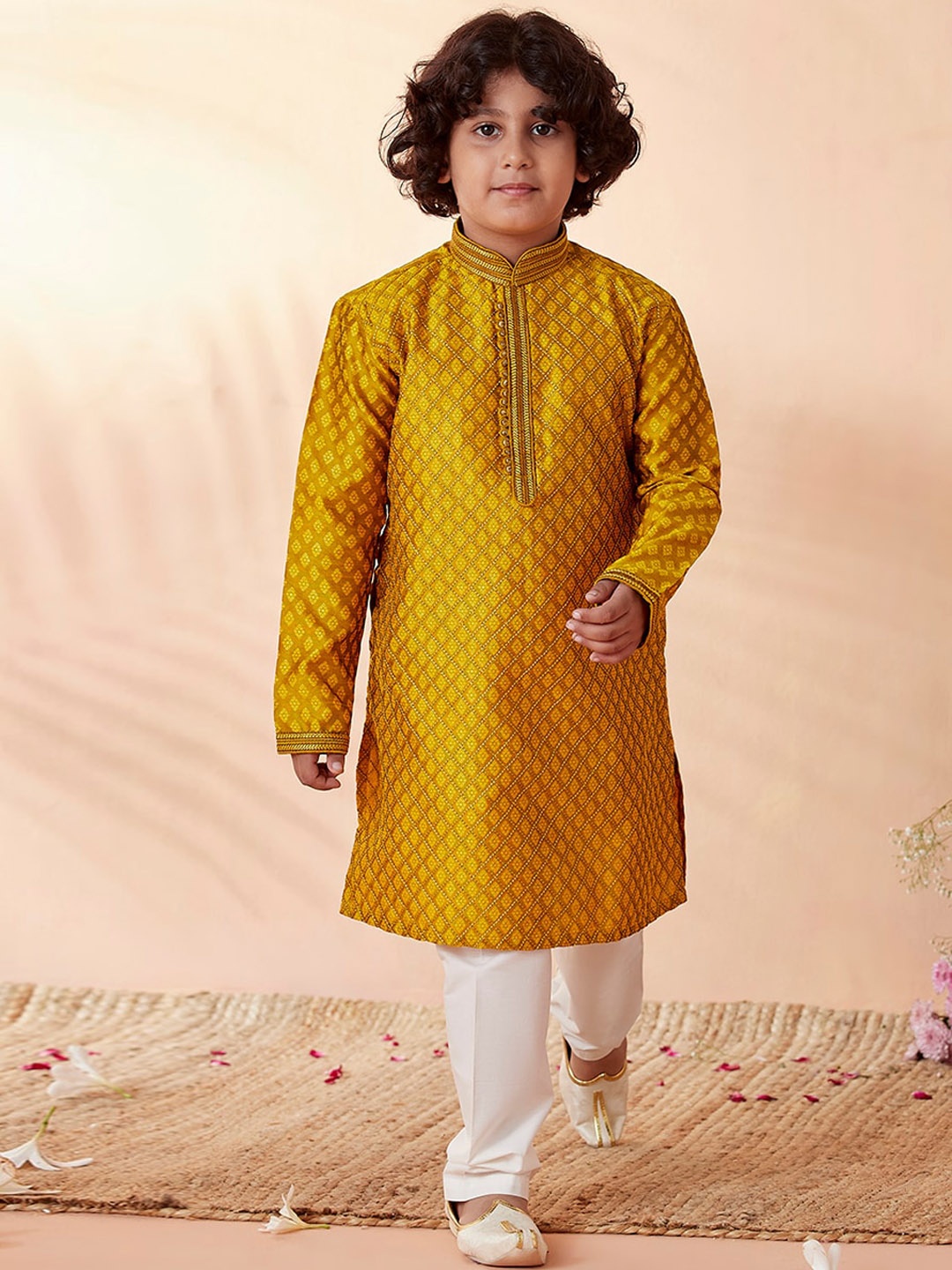 

Manyavar Boys Mustard Yellow Printed Kurta with Pyjamas