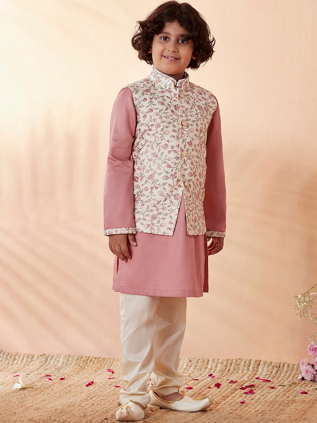 Manyavar Boys Cream-Coloured Floral Kurta with Pyjamas
