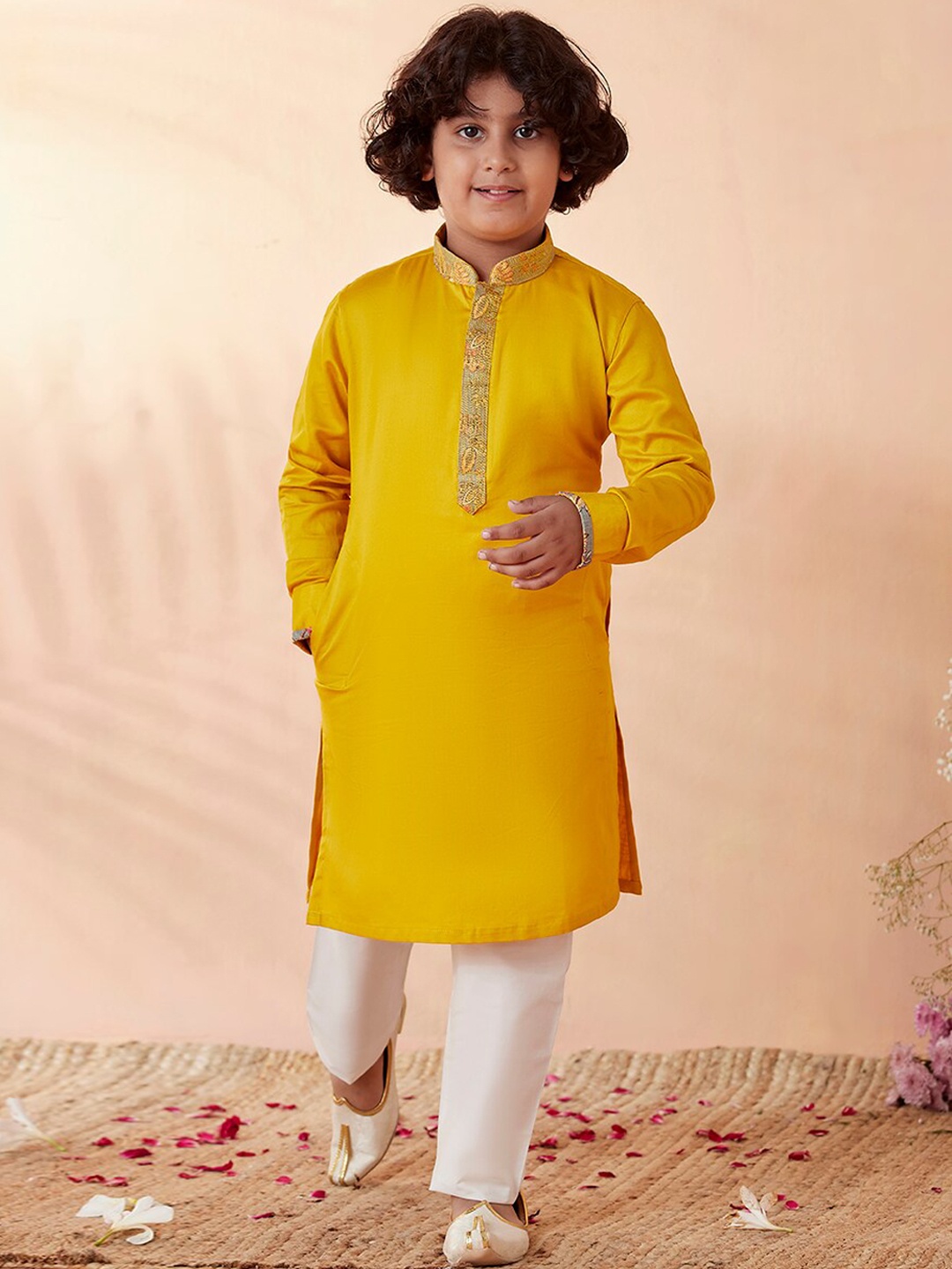 

Manyavar Boys Mustard Yellow Kurta with Pyjamas