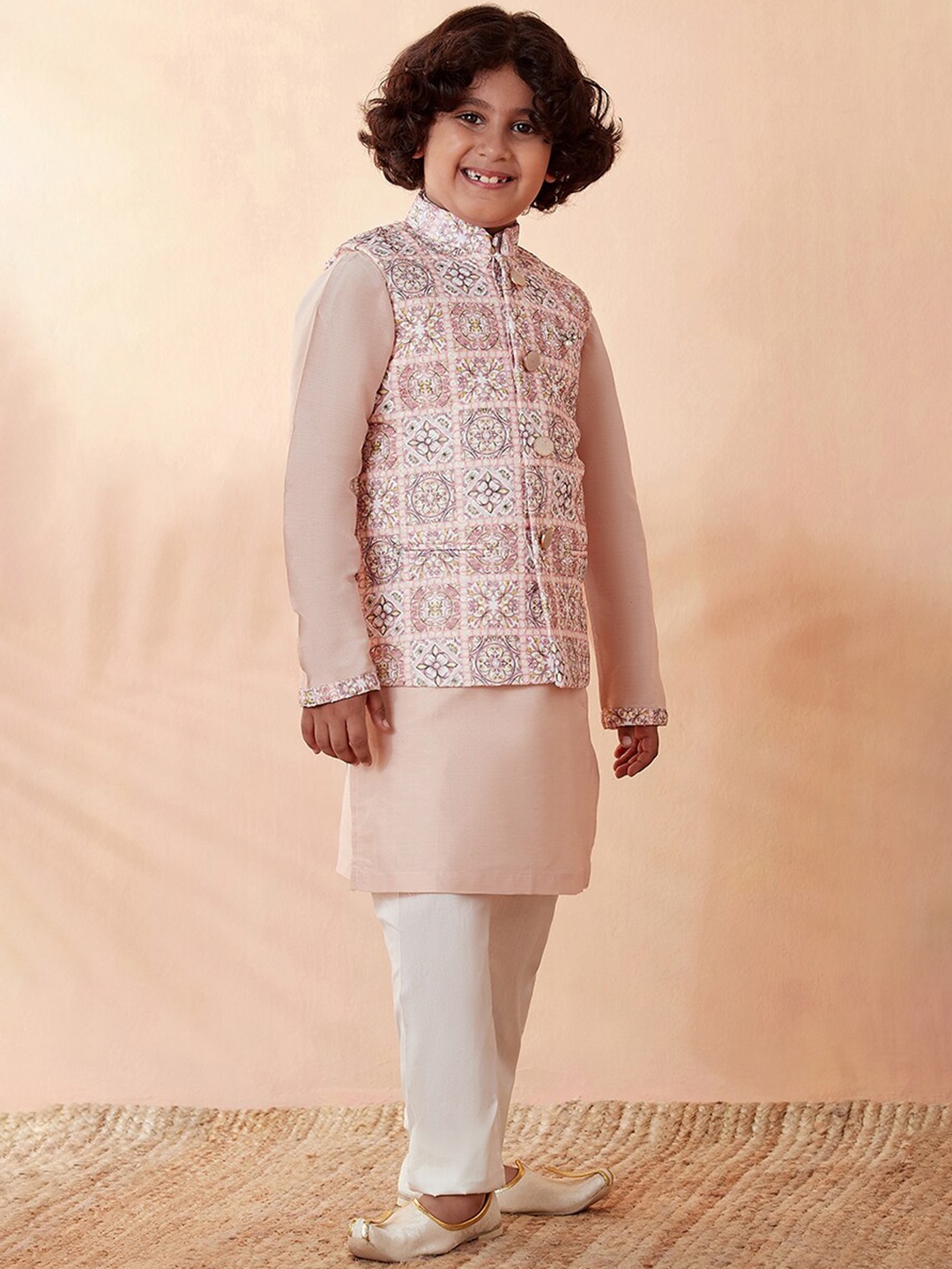 

Manyavar Boys Cream-Coloured Printed Kurta with Pyjamas and Nehru Jacket