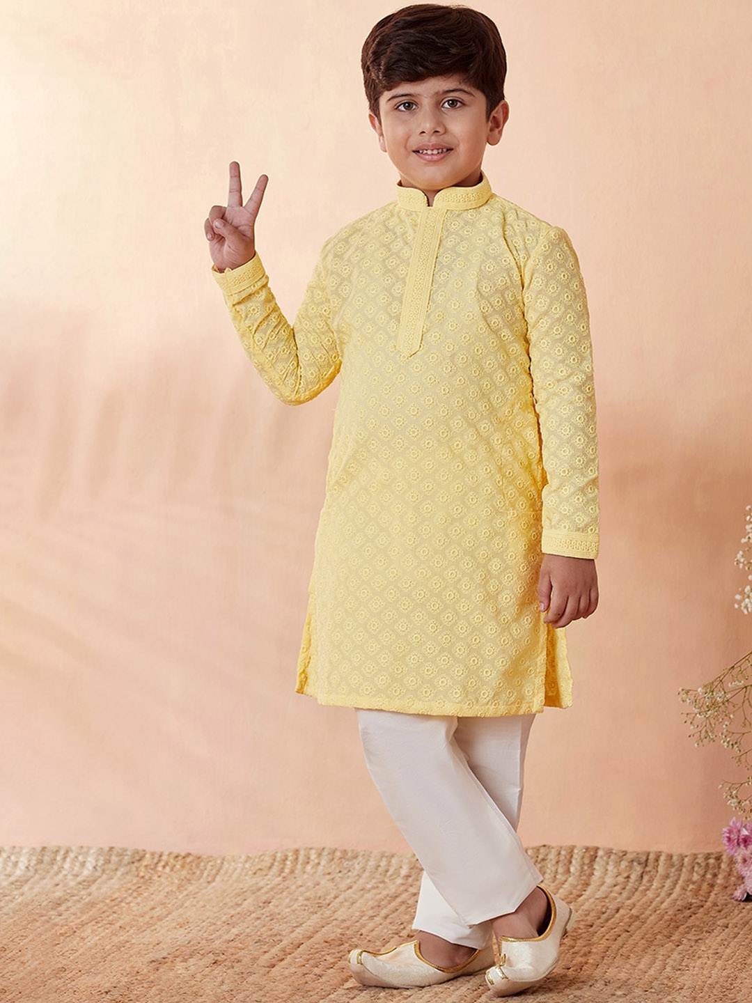 

Manyavar Boys Yellow Embroidered Kurta with Pyjamas