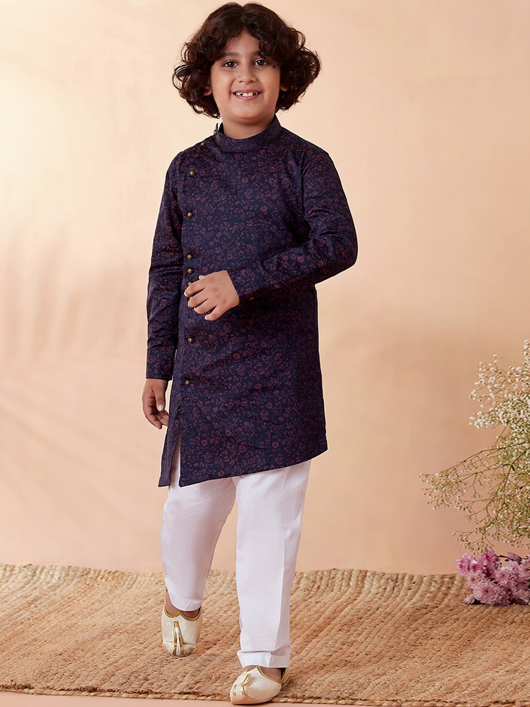 

Manyavar Boys Navy Blue Floral Printed Angrakha Kurta with Pyjamas