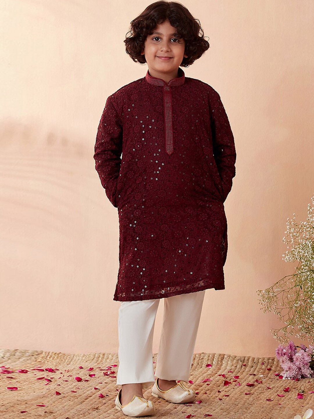 

Manyavar Boys Maroon Embroidered Sequinned Silk Georgette Kurta with Pyjamas