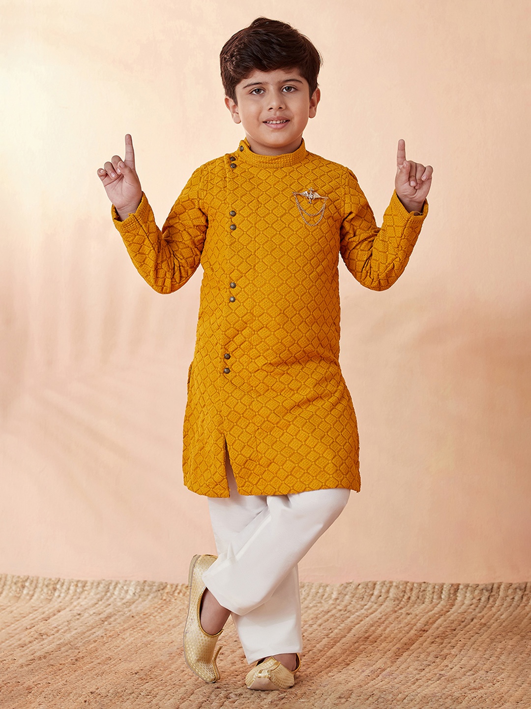 

Manyavar Boys Mustard Yellow Embroidered Angrakha Thread Work Kurta with Pyjamas