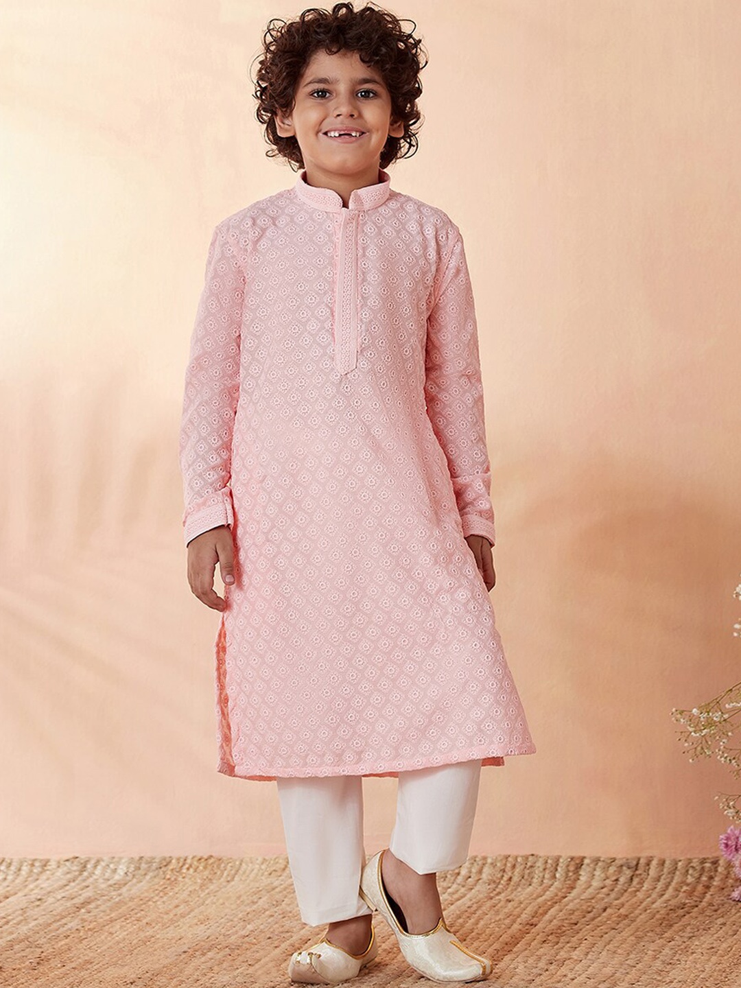 

Manyavar Boys Pink Embroidered Kurta with Pyjamas