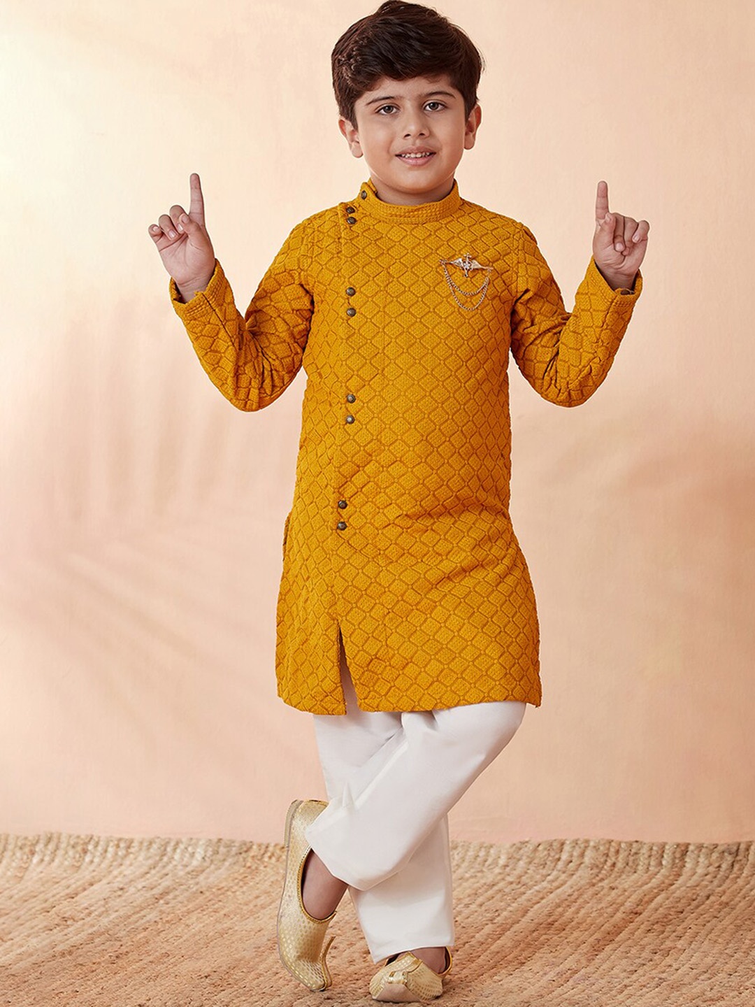 

Manyavar Boys Mustard Yellow Embroidered Angrakha Thread Work Kurta with Pyjamas