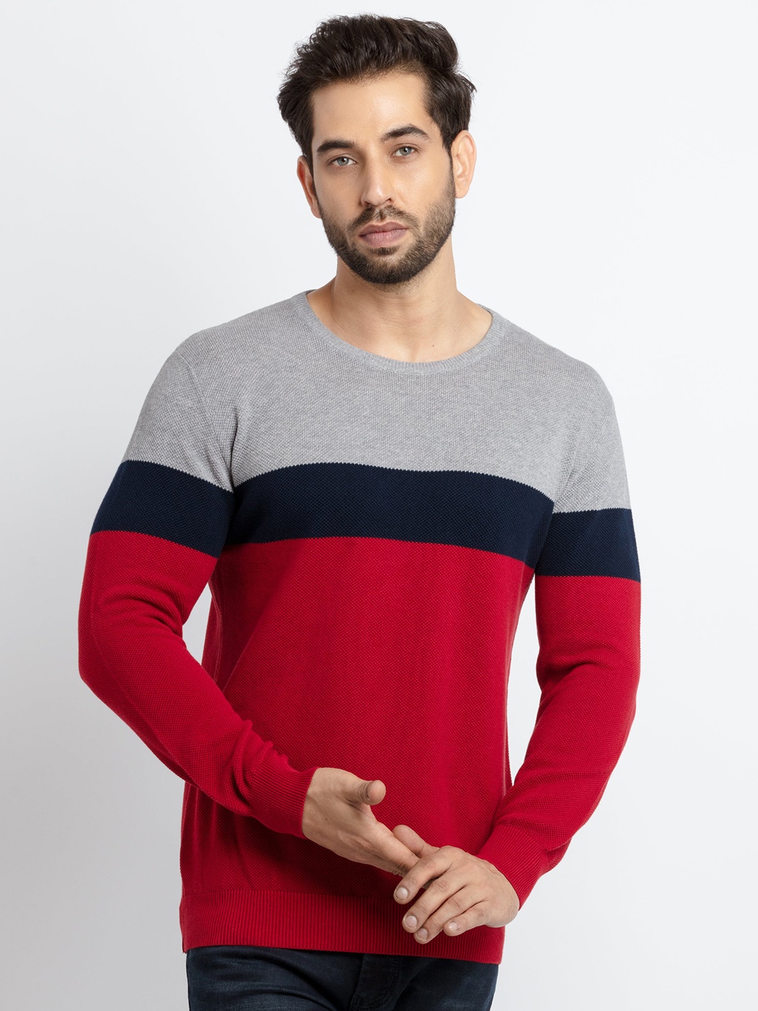 

Status Quo Men Maroon & Grey Colourblocked Colourblocked Pullover Sweater