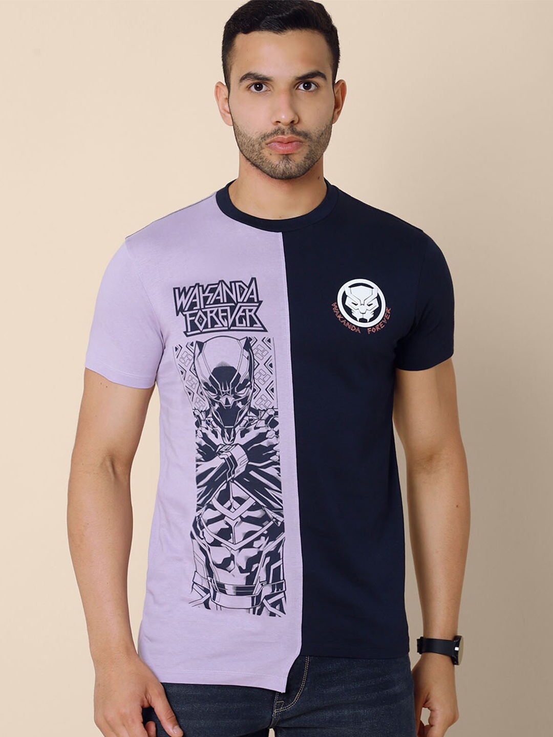 

Free Authority Men Purple & Navy Blue Black Panther Printed Pure Cotton T-shirt