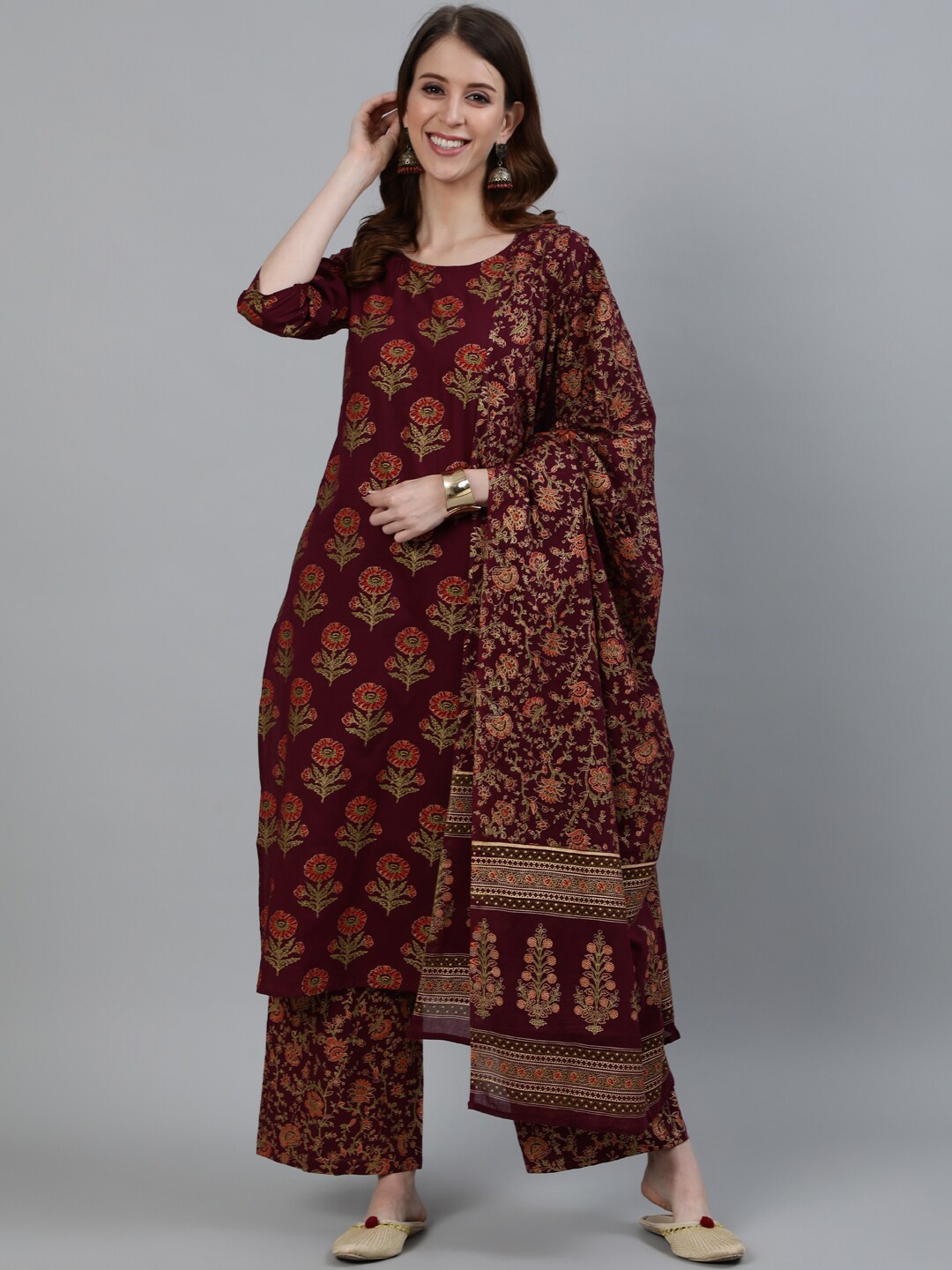 

Nayo Women Burgundy Floral Printed Pure Cotton Kurta with Palazzos & With Dupatta