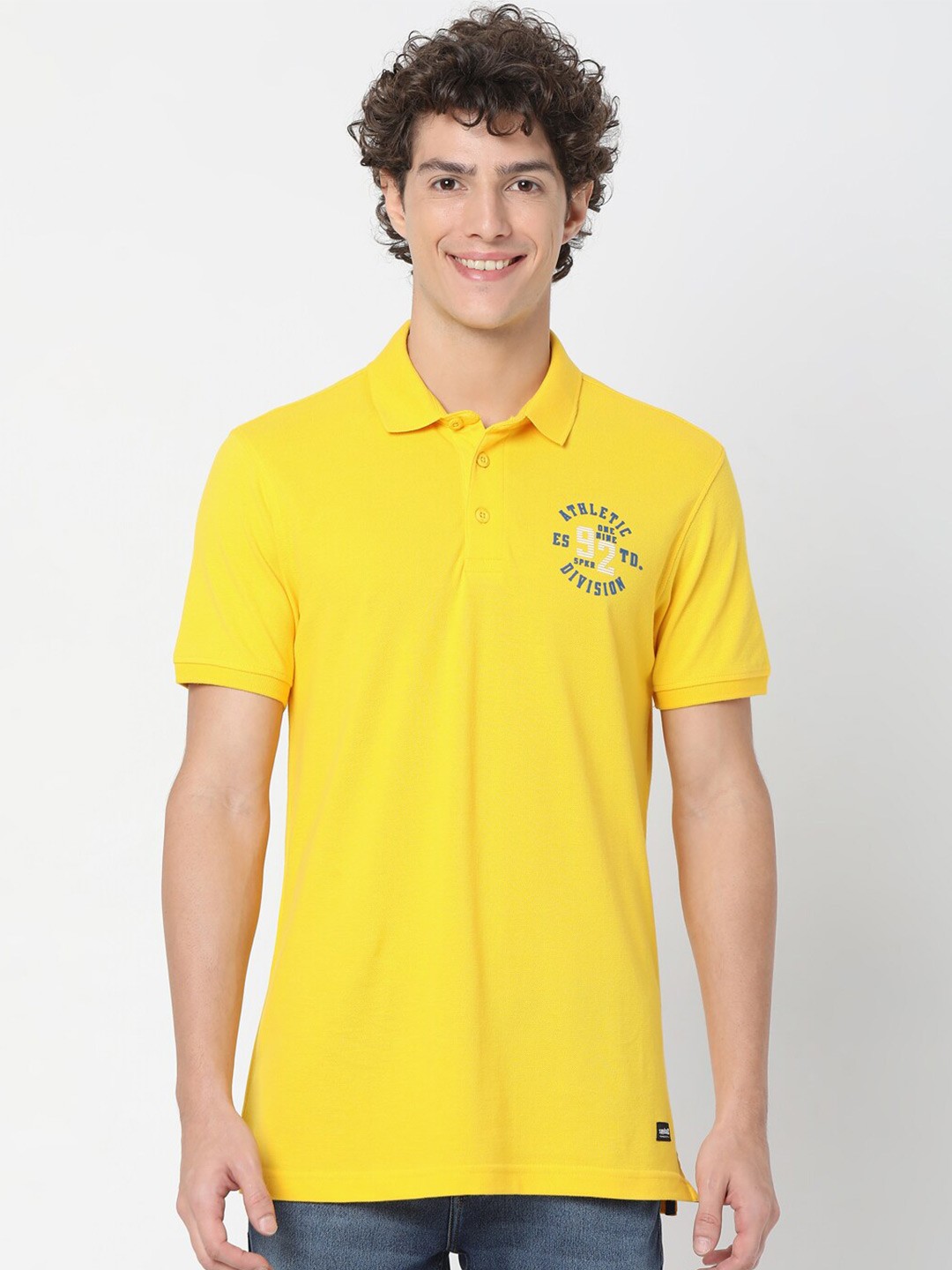 

SPYKAR Men Yellow Typography Printed Polo Collar Slim Fit Cotton T-shirt