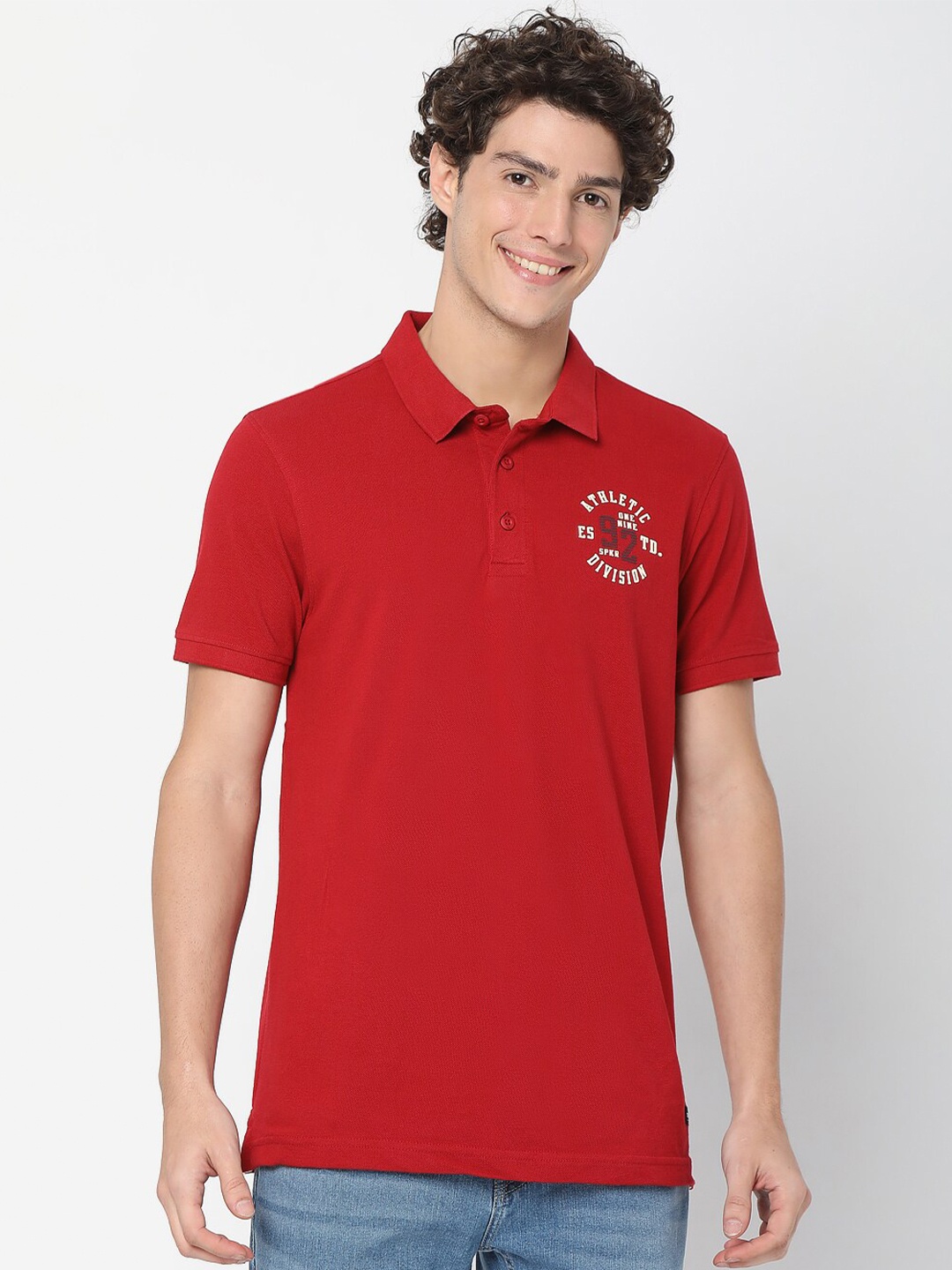 

SPYKAR Men Red & White Typography Printed Polo Collar Slim Fit Cotton T-shirt