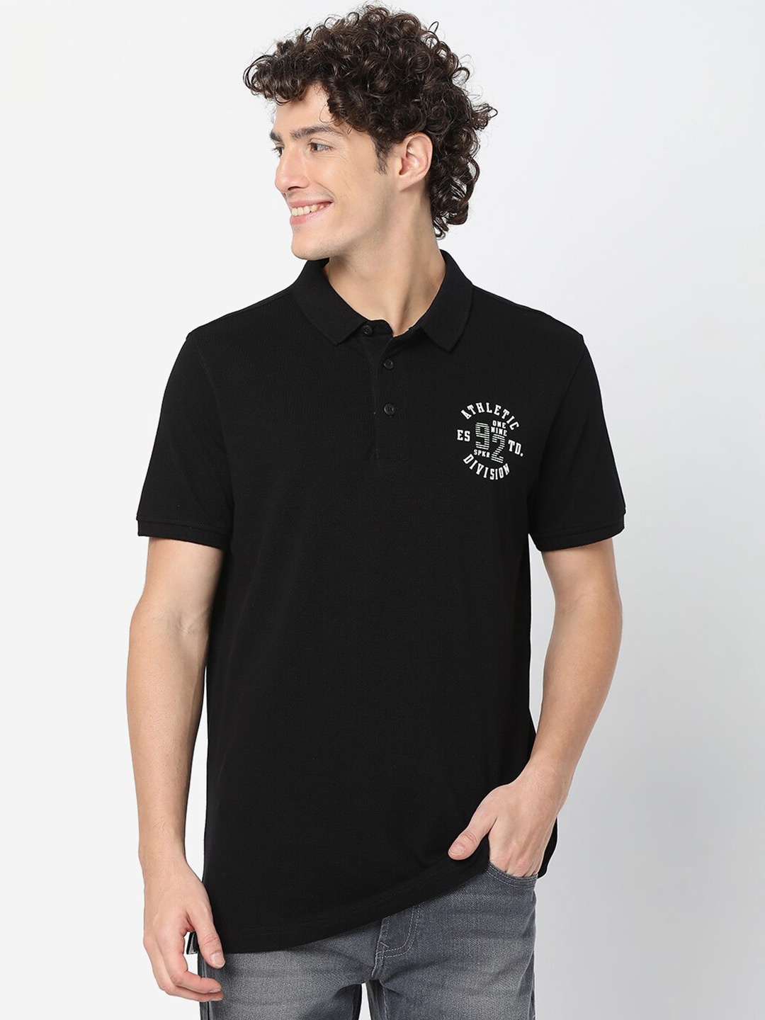 

SPYKAR Men Black Typography Printed Polo Collar Slim Fit Cotton T-shirt