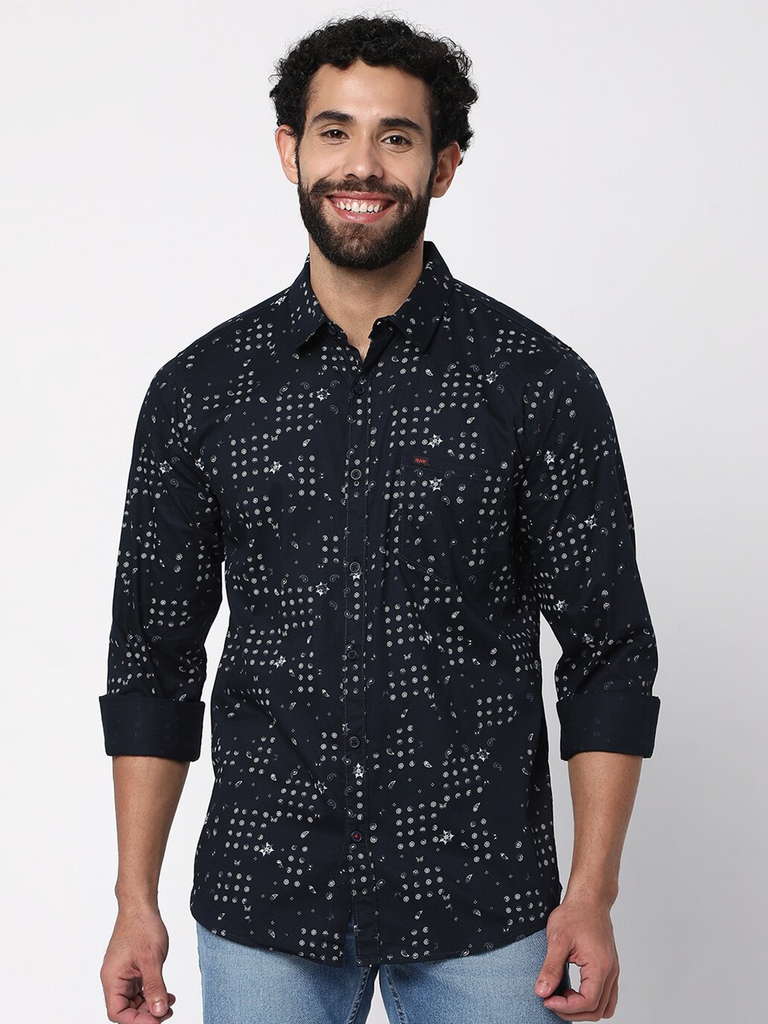 

SPYKAR Men Navy Blue Slim Fit Printed Casual Cotton Shirt