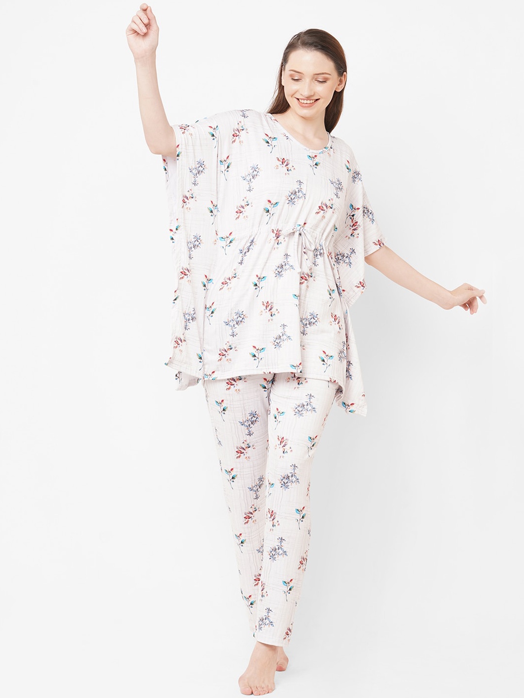 

Sweet Dreams Women Off White & Blue Printed Polyester Night suits
