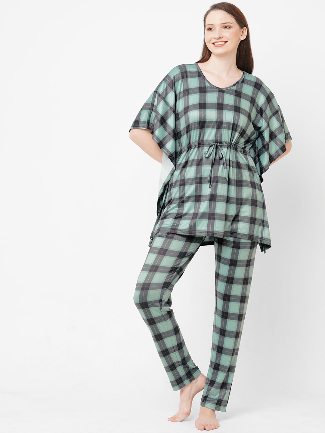 

Sweet Dreams Women Green & Grey Checked Night Suit