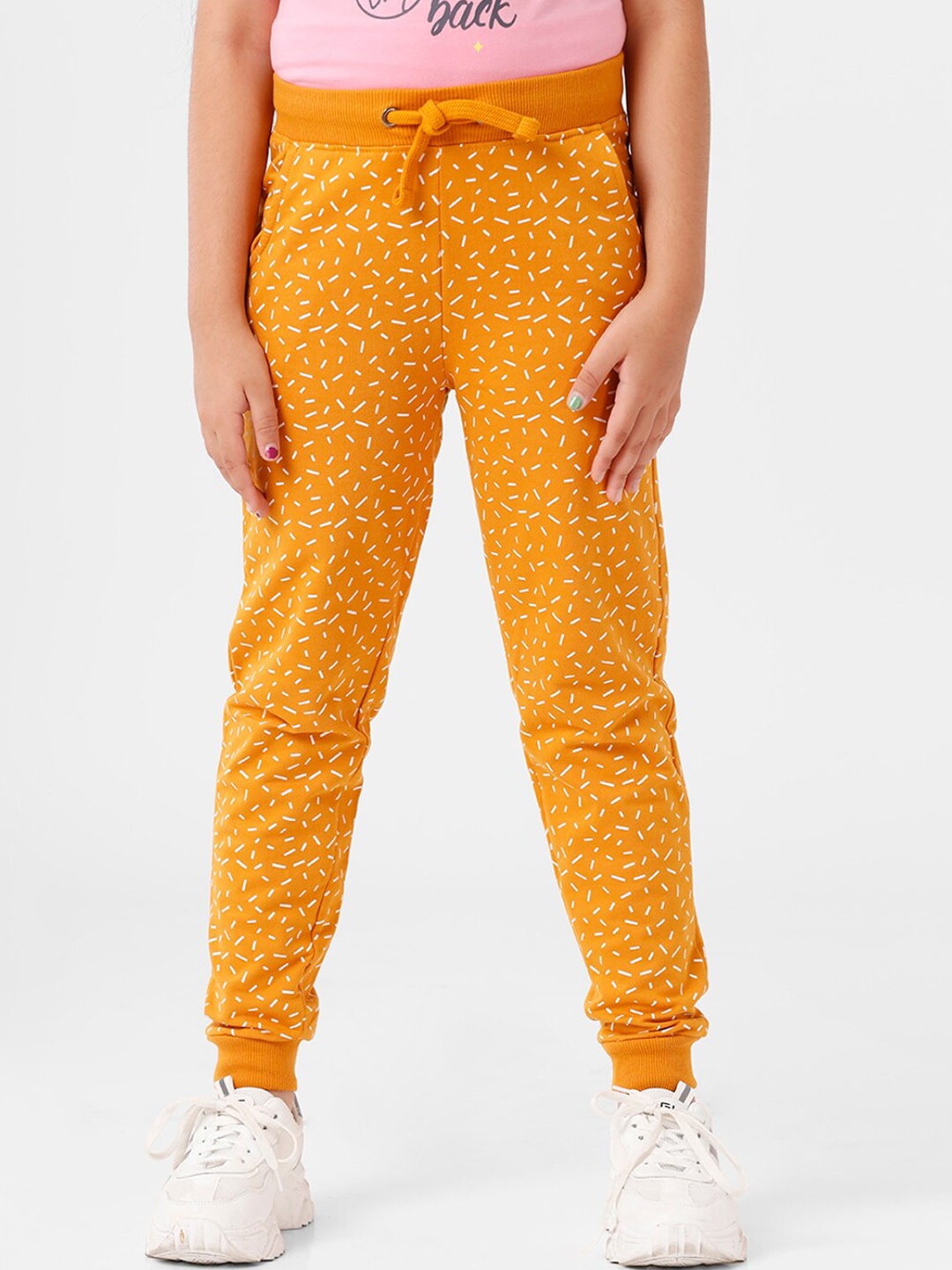 

De Moza Girls Mustard Yellow Printed Joggers Trousers