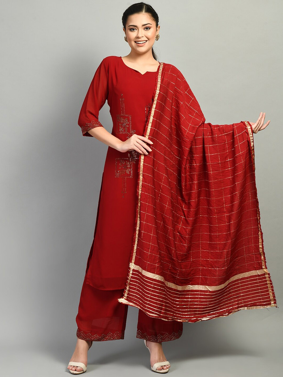 

DesiNoor com Women Maroon Beads and Stones Kurta With Palazzos & Dupatta