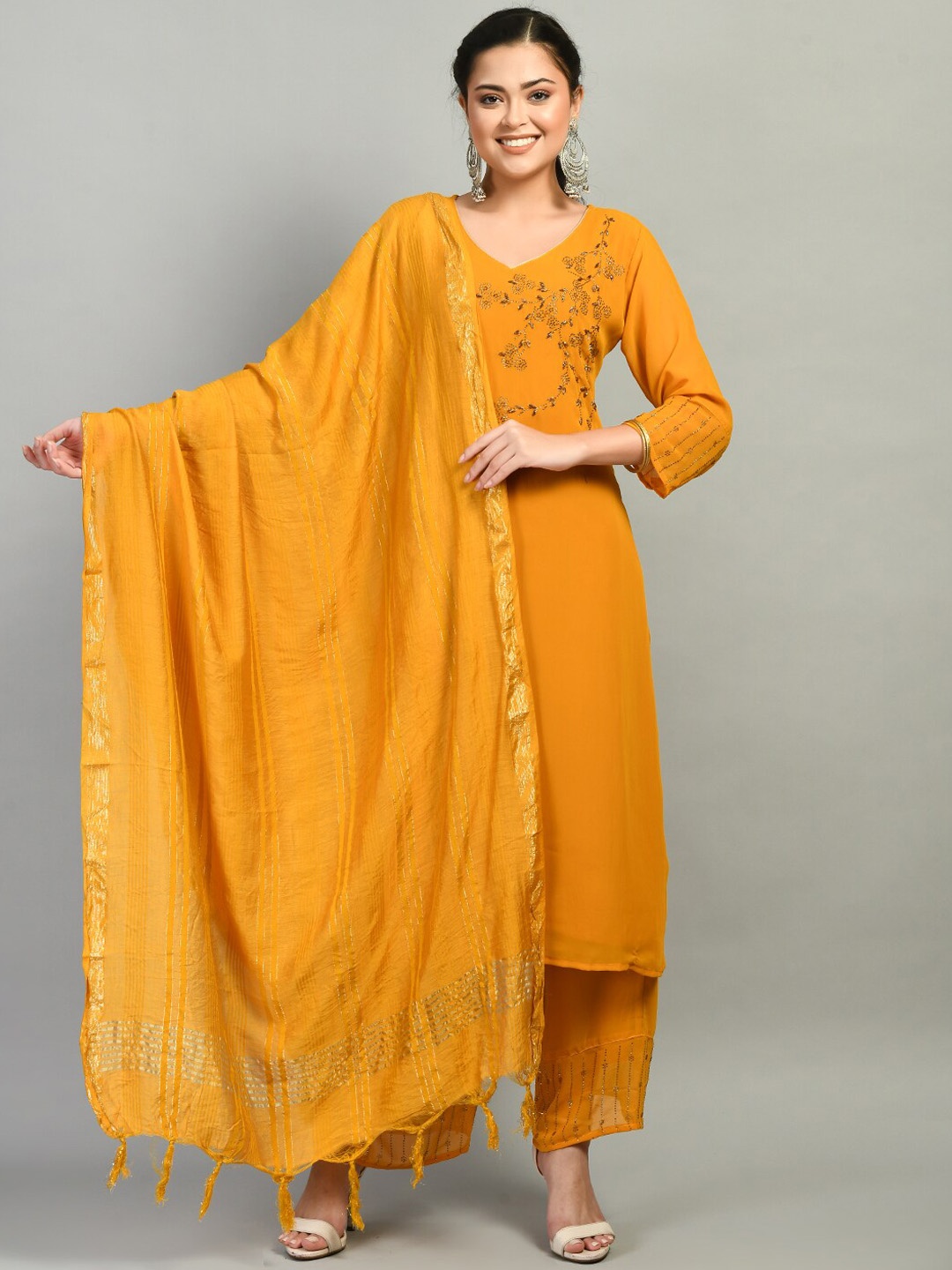 

DesiNoor.com Women Mustard Yellow Beads and Stones Kurta with Palazzos & Dupatta