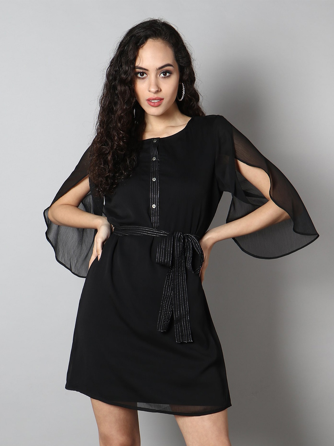 

MINGLAY Black Chiffon Sheath Dress