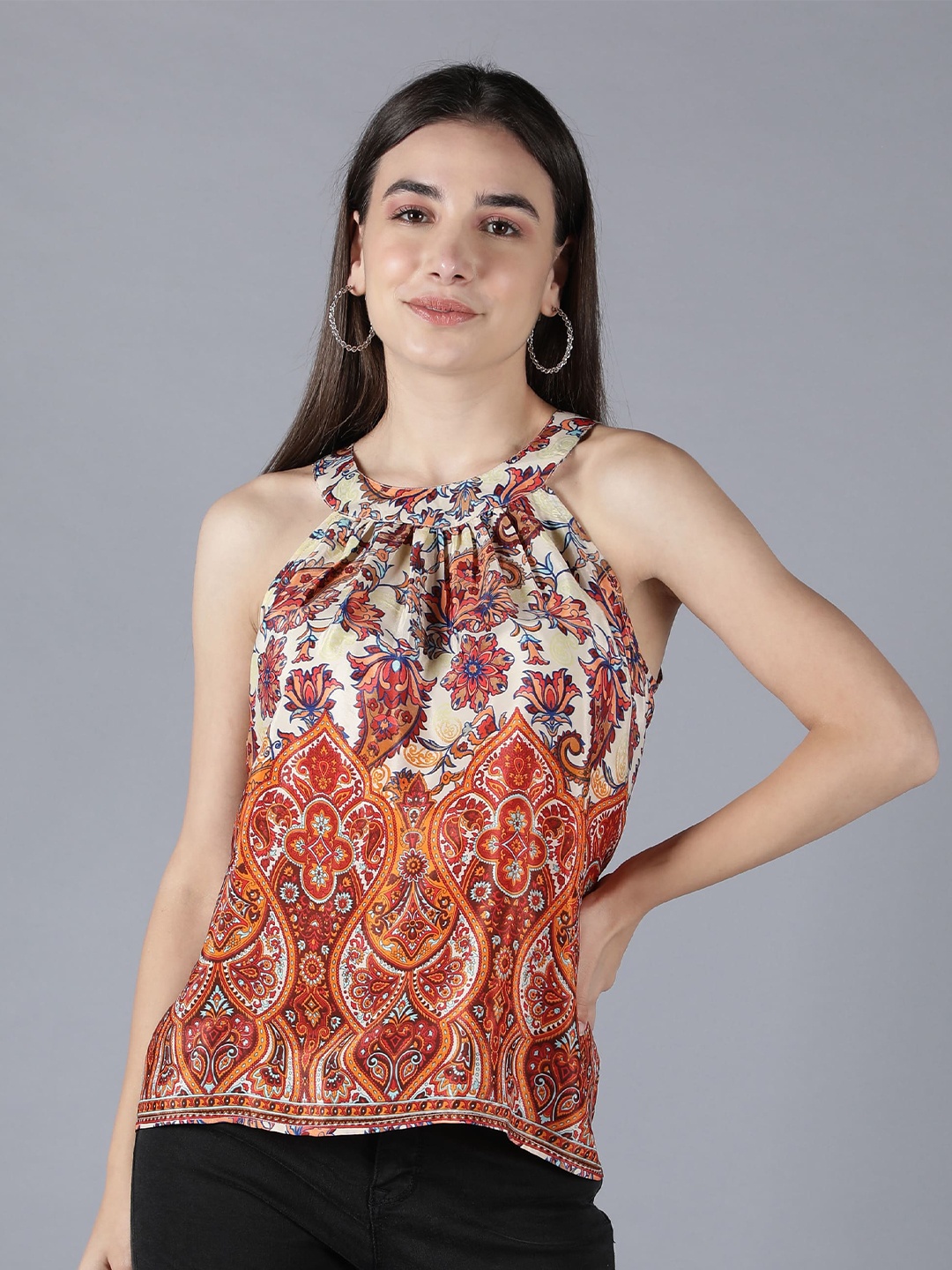 

MINGLAY Beige & Orange Print Choker Neck Top