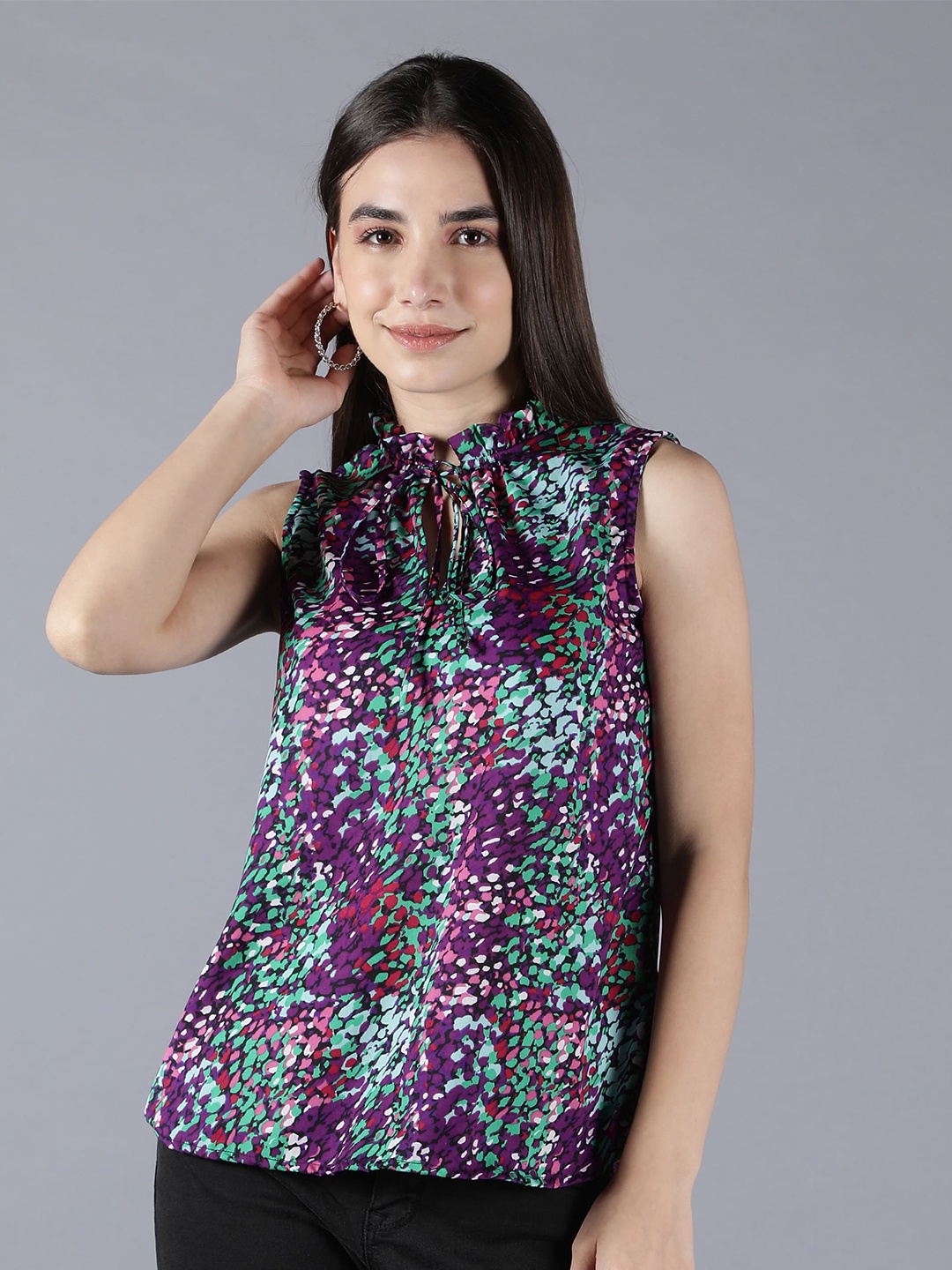 

MINGLAY Purple Print Tie-Up Neck Crepe Top