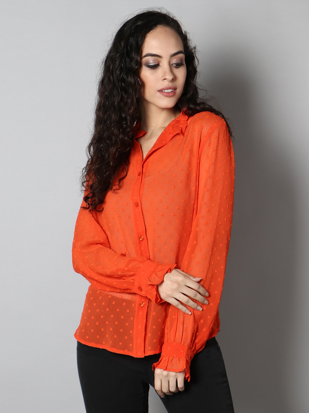 

MINGLAY Orange Mandarin Collar Shirt Style Top