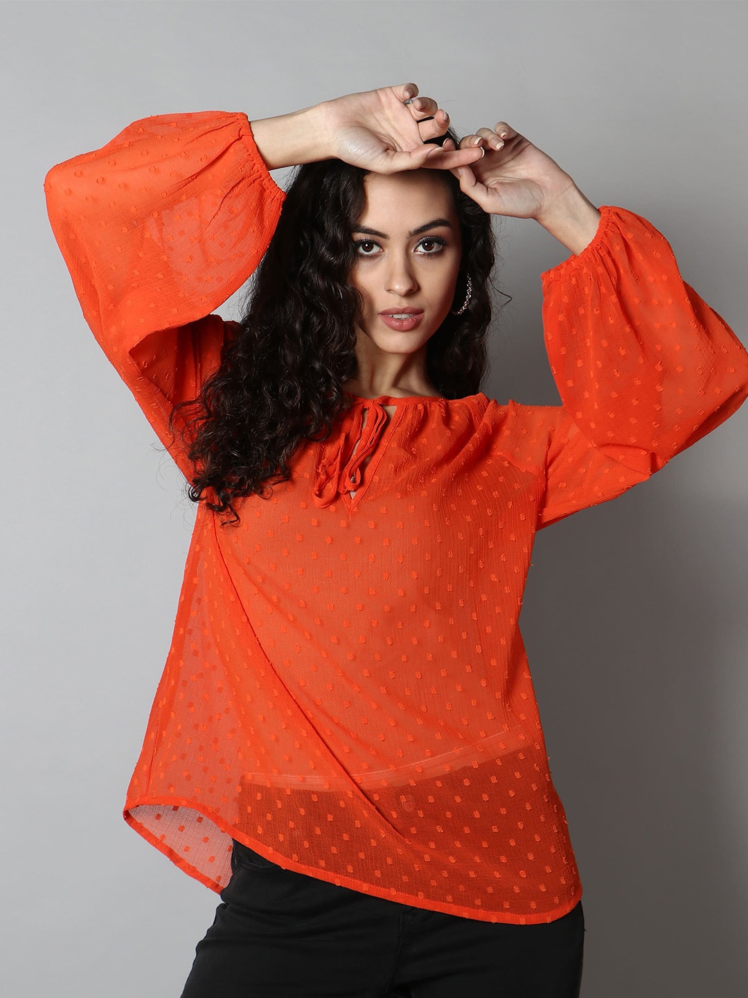 

MINGLAY Women Orange Tie-Up Neck Chiffon Top